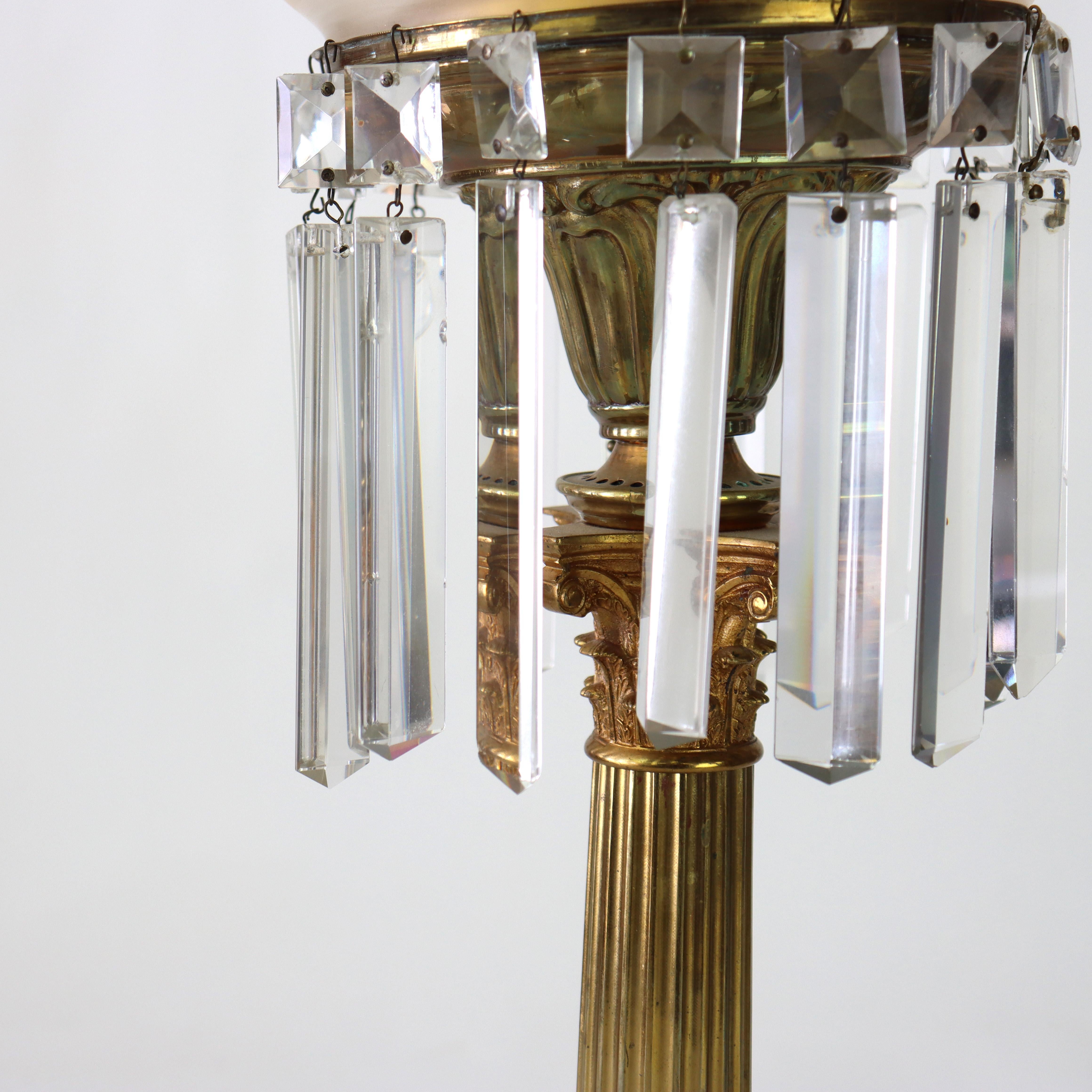 19th Century Antique Argand Neoclassical Brass, Crystal & Marble Solar Table Lamp C1840 For Sale