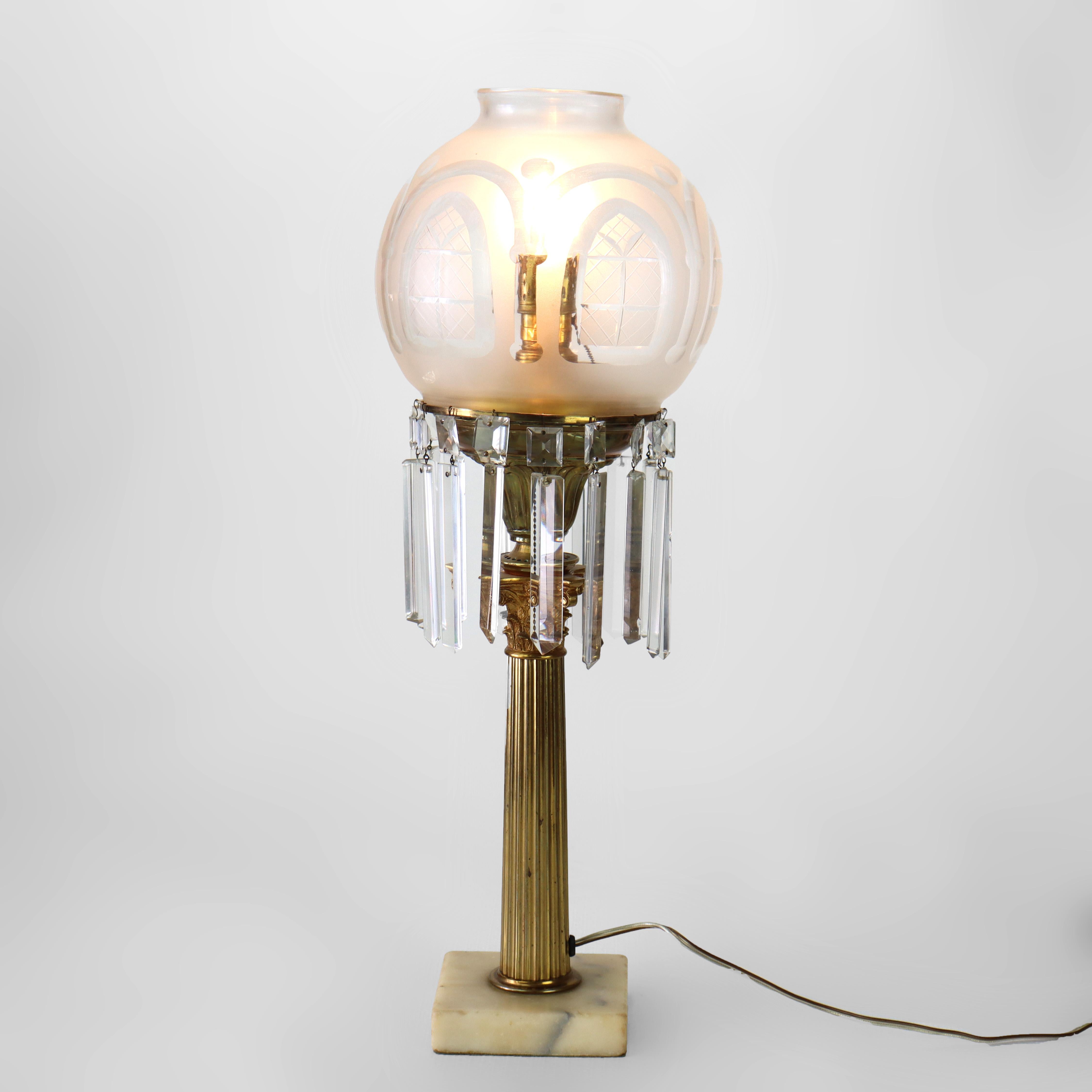 Antique Argand Neoclassical Brass, Crystal & Marble Solar Table Lamp C1840 For Sale 2