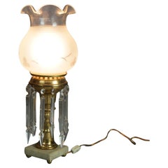 Antique Argand Sinumbra Brass & Crystal Solar Lamp & Opalescent Floral Etched