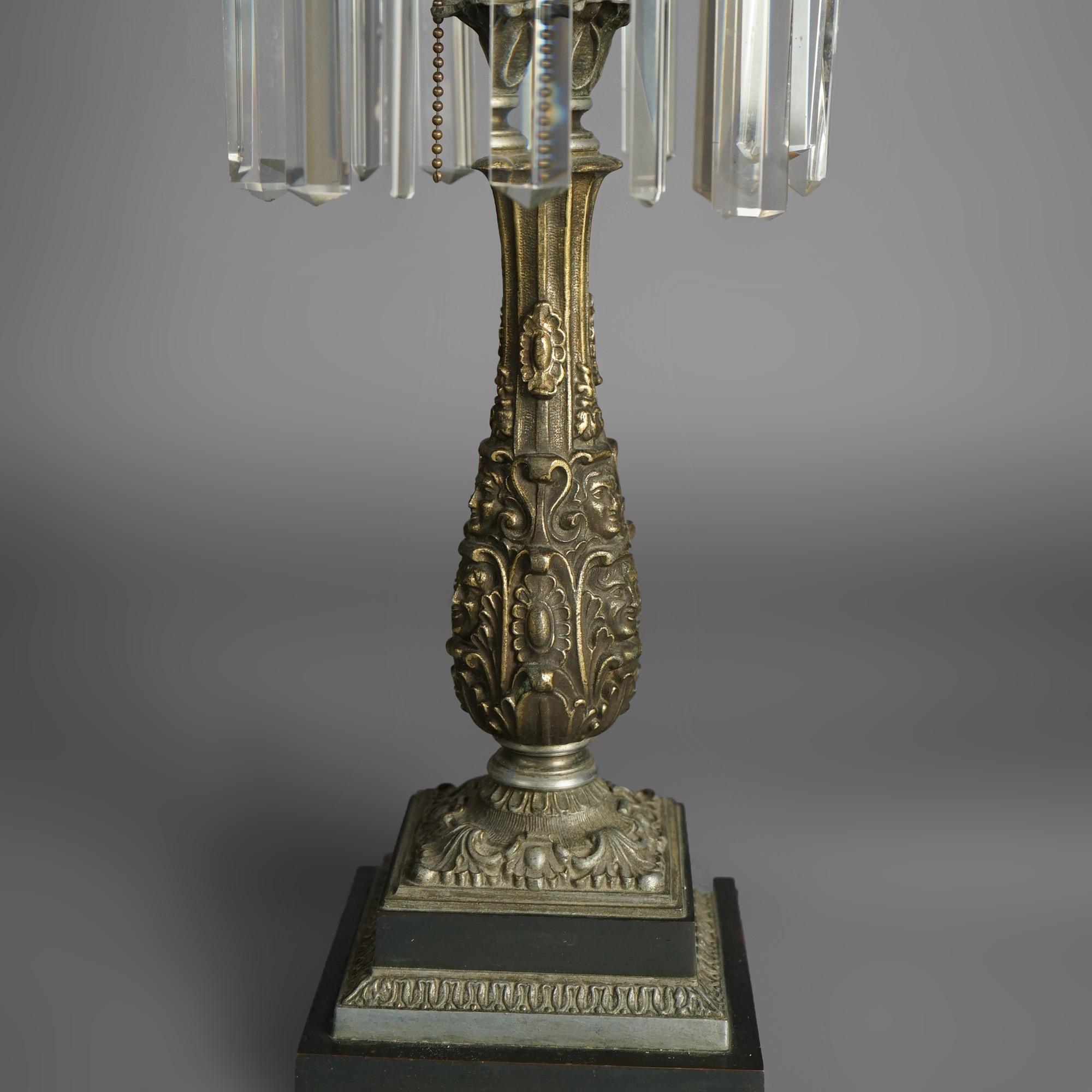 Antique Argand Sinumbra Bronze, Brass & Crystal Solar Lamp With Opalescent Shade 4