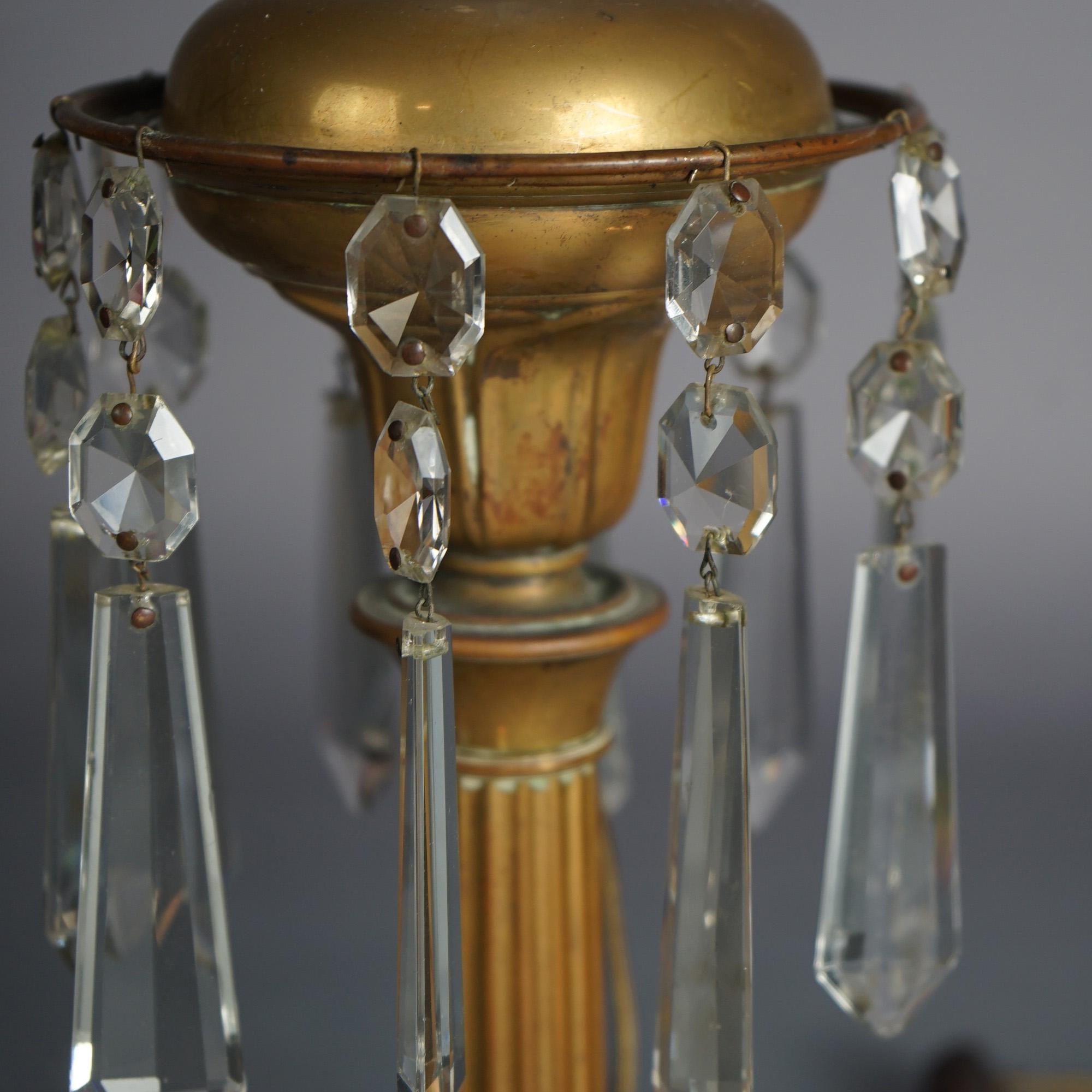 Antique Argand Sinumbra Bronze, Brass & Crystal Solar Lamp With Opalescent Shade 4
