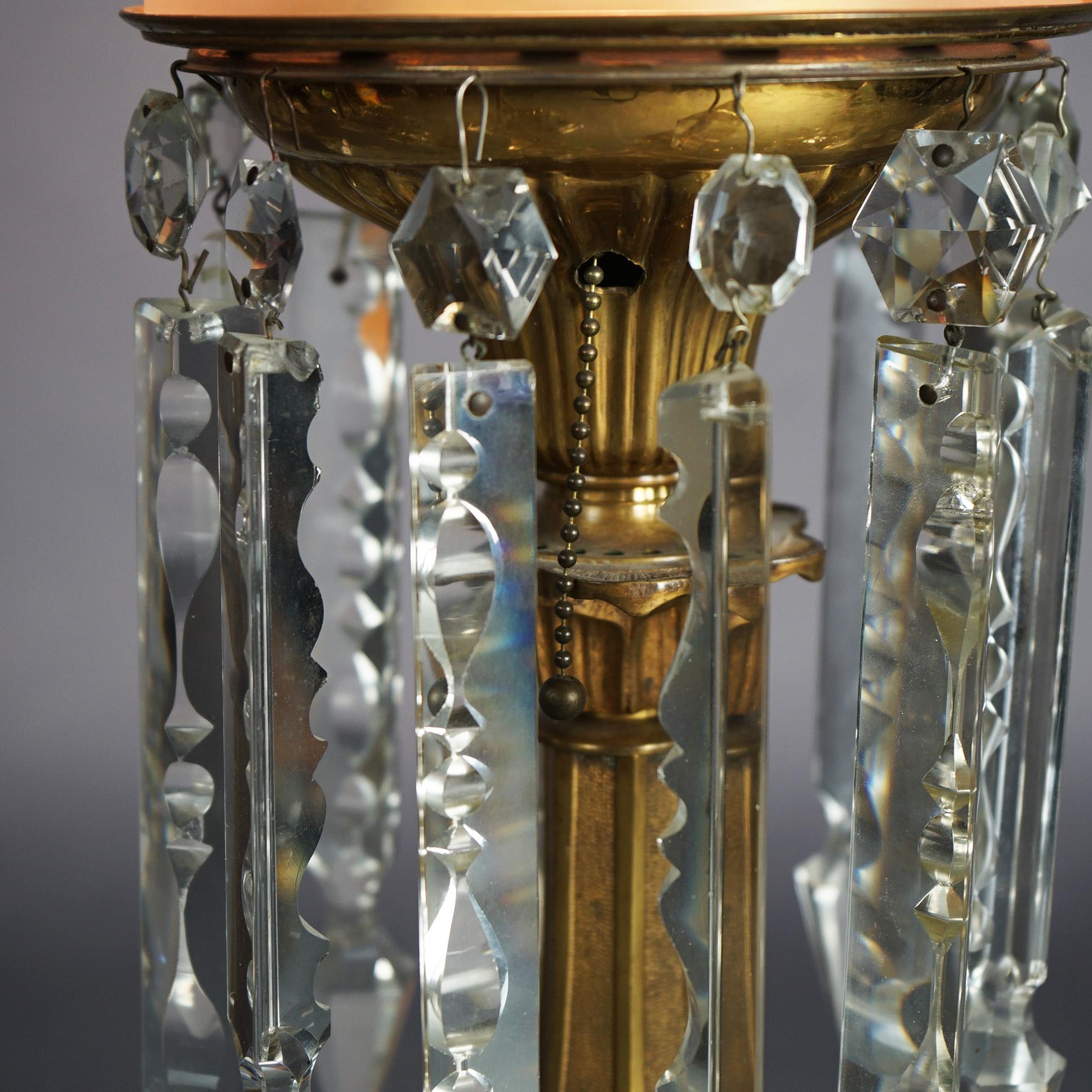 Antique Argand Sinumbra Bronze, Brass & Crystal Solar Lamp With Opalescent Shade 4