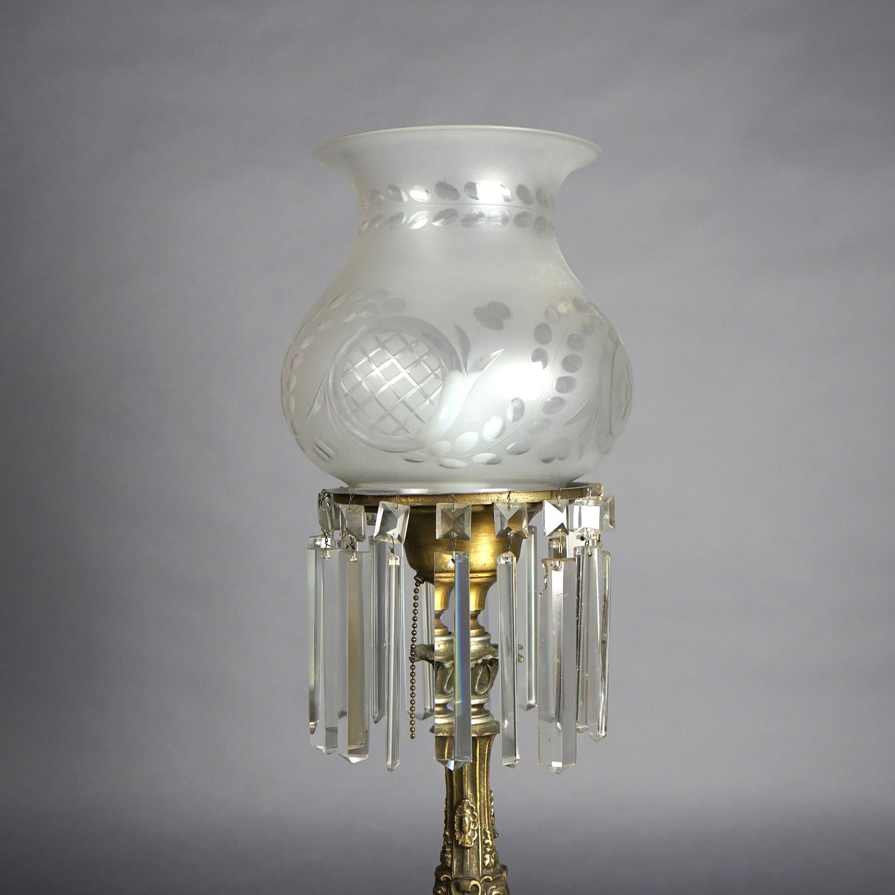 Antique Argand Sinumbra Bronze, Brass & Crystal Solar Lamp With Opalescent Shade 5