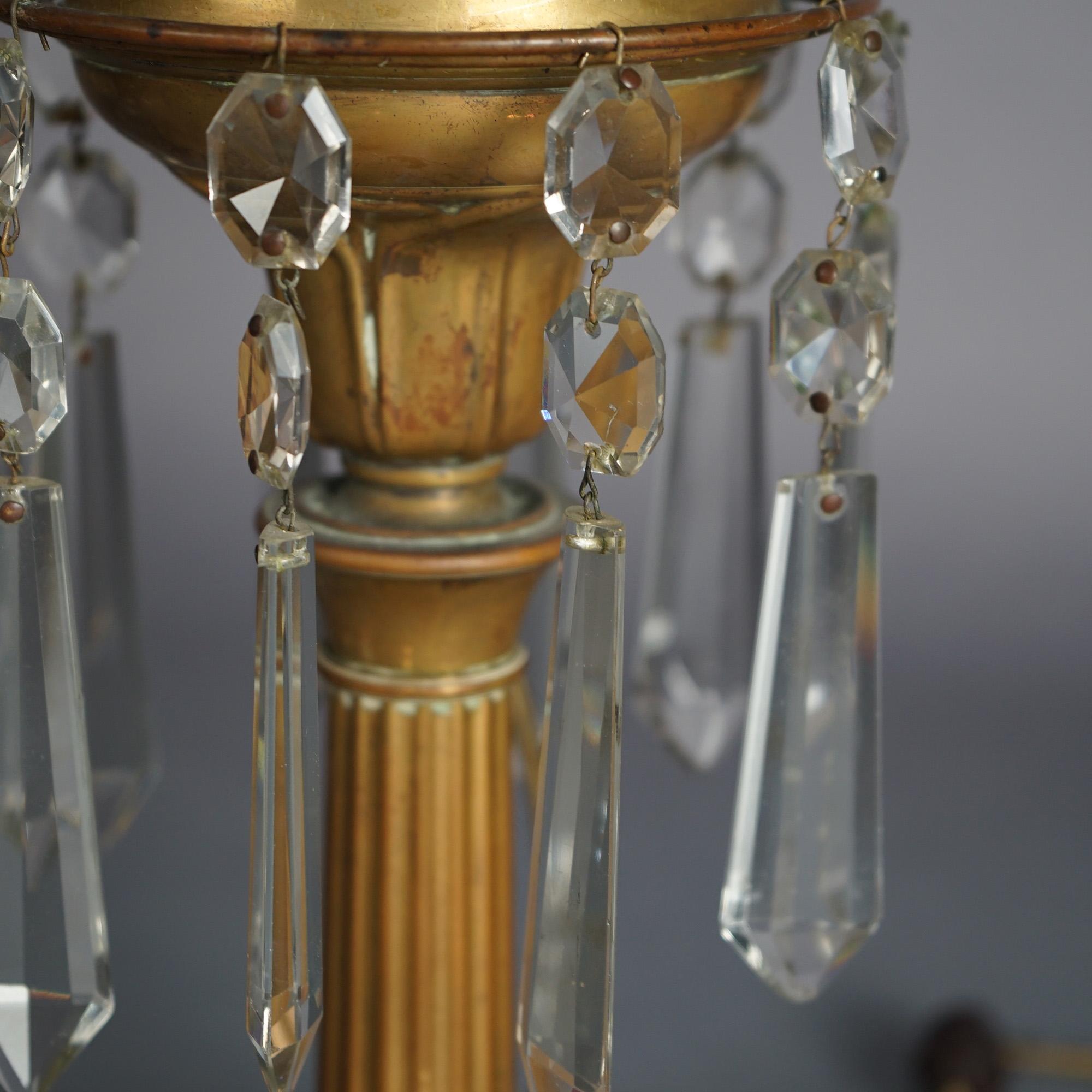 Antique Argand Sinumbra Bronze, Brass & Crystal Solar Lamp With Opalescent Shade 5