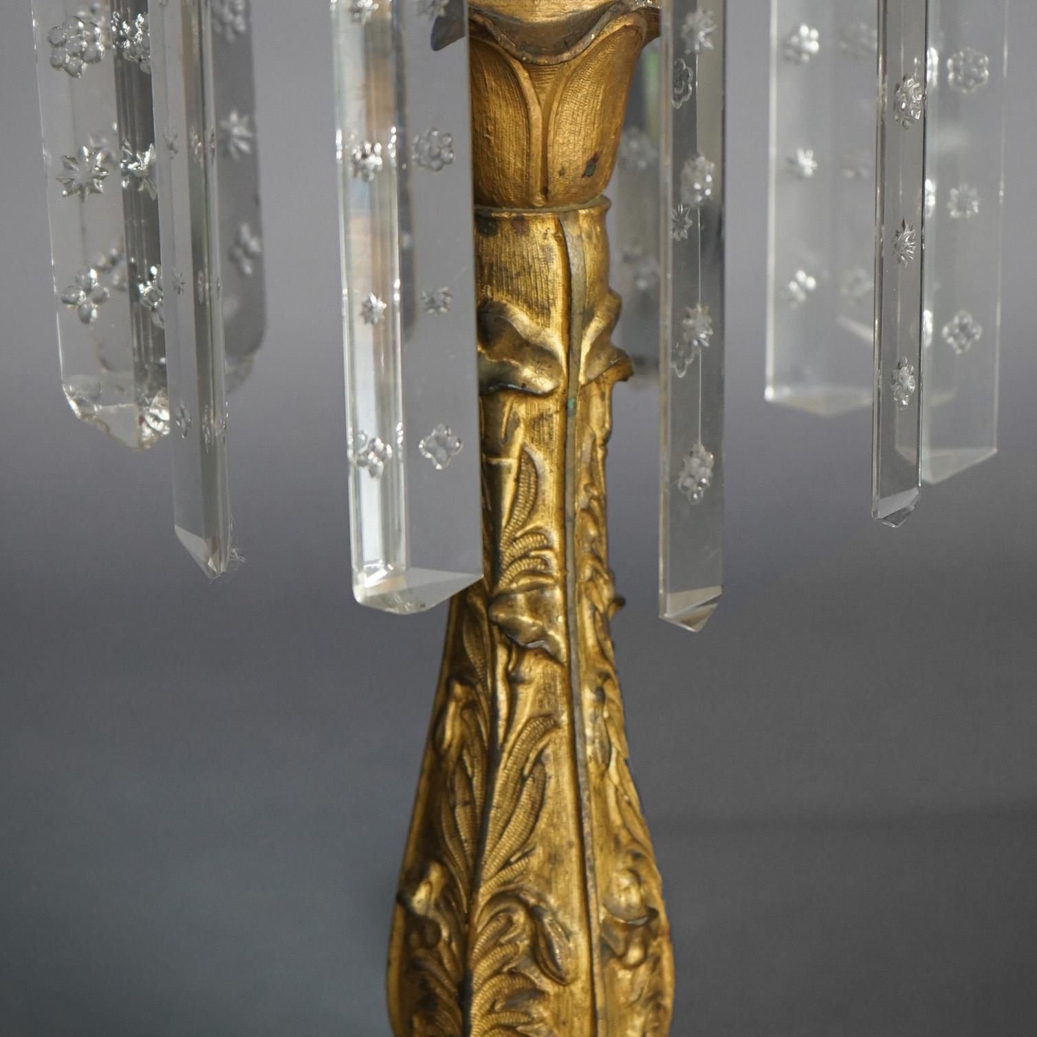 Antique Argand Sinumbra Bronze, Brass & Crystal Solar Lamp With Opalescent Shade 5