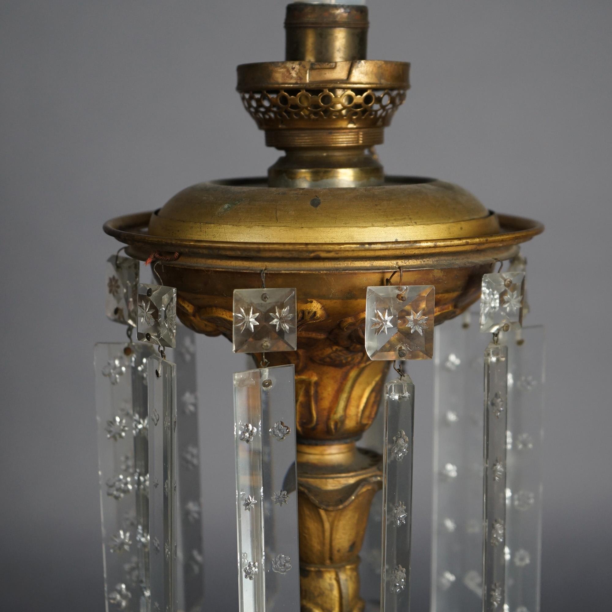 Antique Argand Sinumbra Bronze, Brass & Crystal Solar Lamp With Opalescent Shade 6