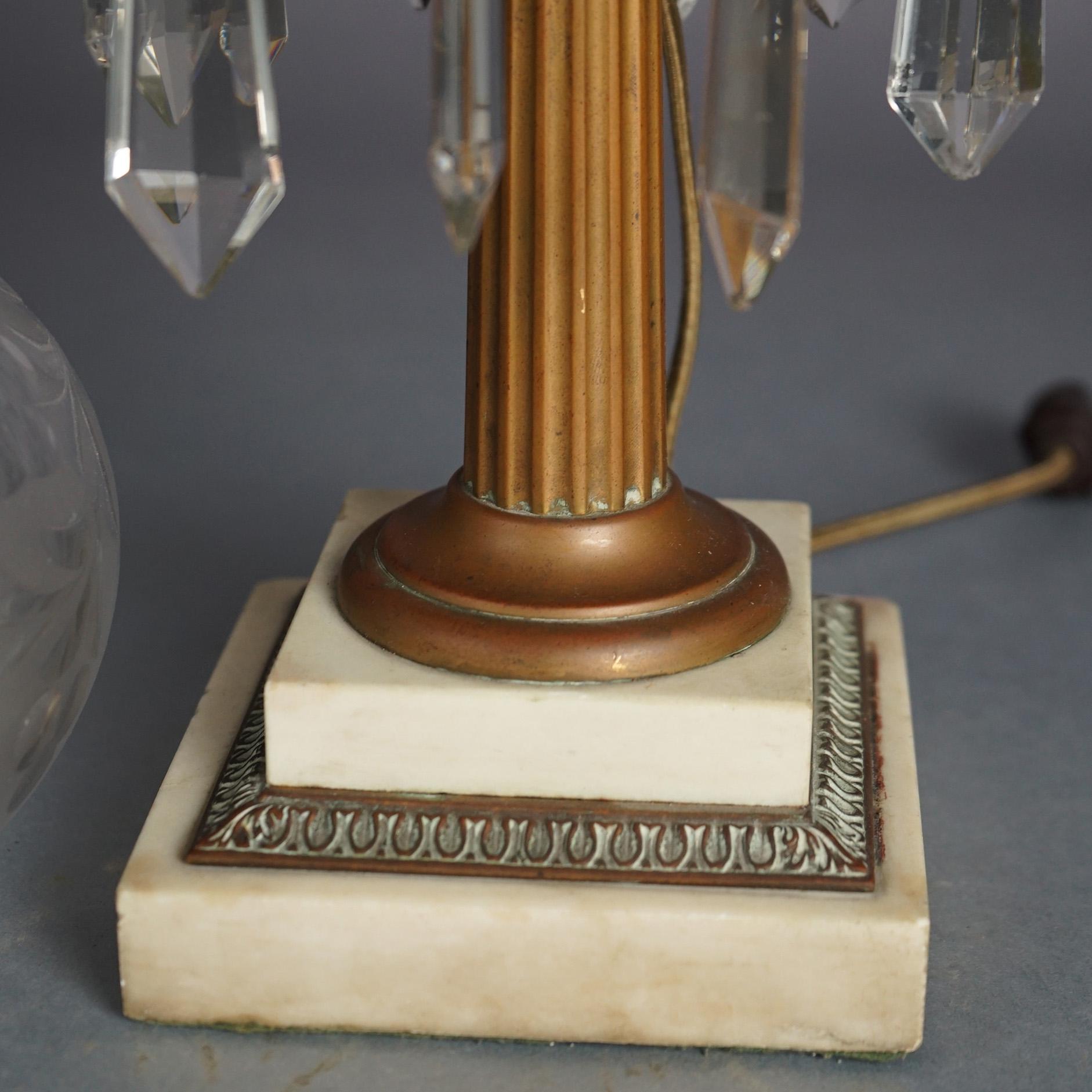 Antique Argand Sinumbra Bronze, Brass & Crystal Solar Lamp With Opalescent Shade 7