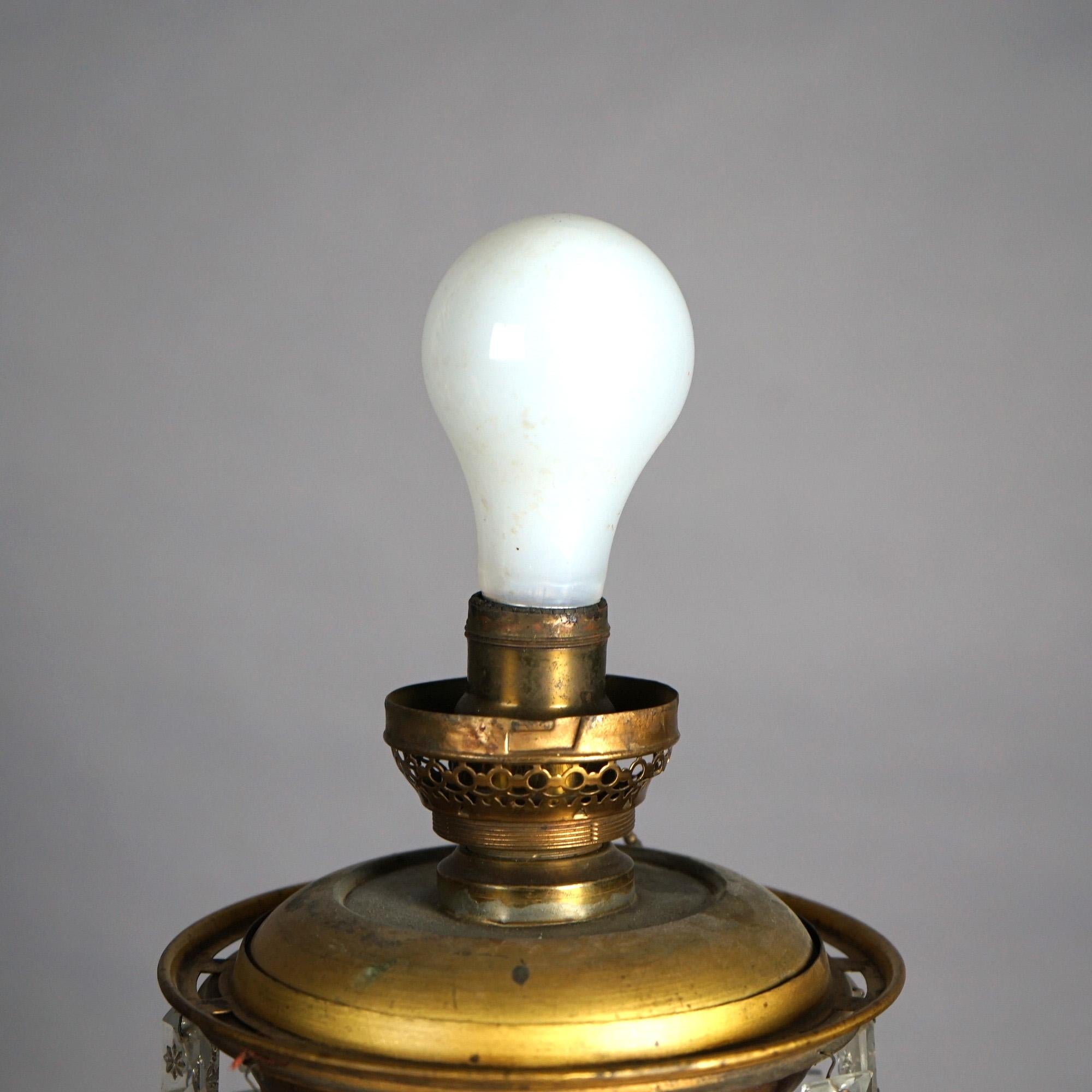 Antique Argand Sinumbra Bronze, Brass & Crystal Solar Lamp With Opalescent Shade 7