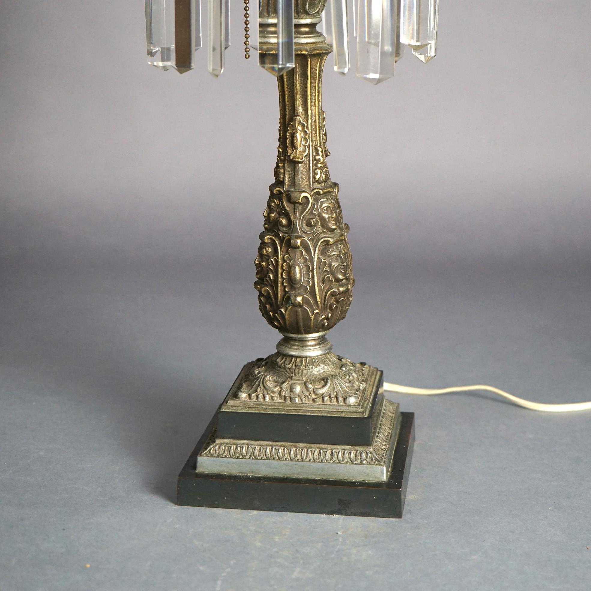 Antique Argand Sinumbra Bronze, Brass & Crystal Prism Solar Lamp with Floral Etched Opalescent Shade and Floral Embossed Base, Electrified, c1840

Measures - 25.25