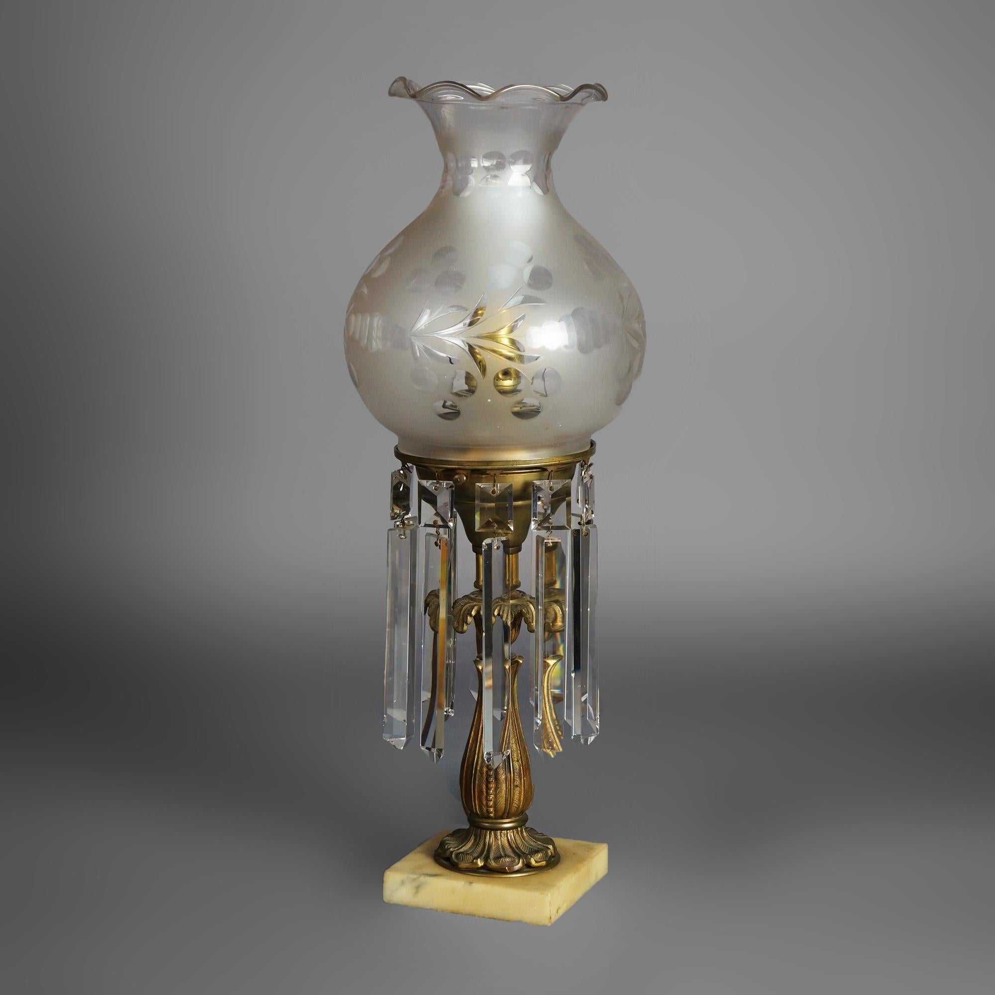 Antique Argand Sinumbra Bronze, Brass & Crystal Prism Solar Lamp with Floral Etched Opalescent Shade and Floral Embossed Base, Electrified, c1840

Measures - 24