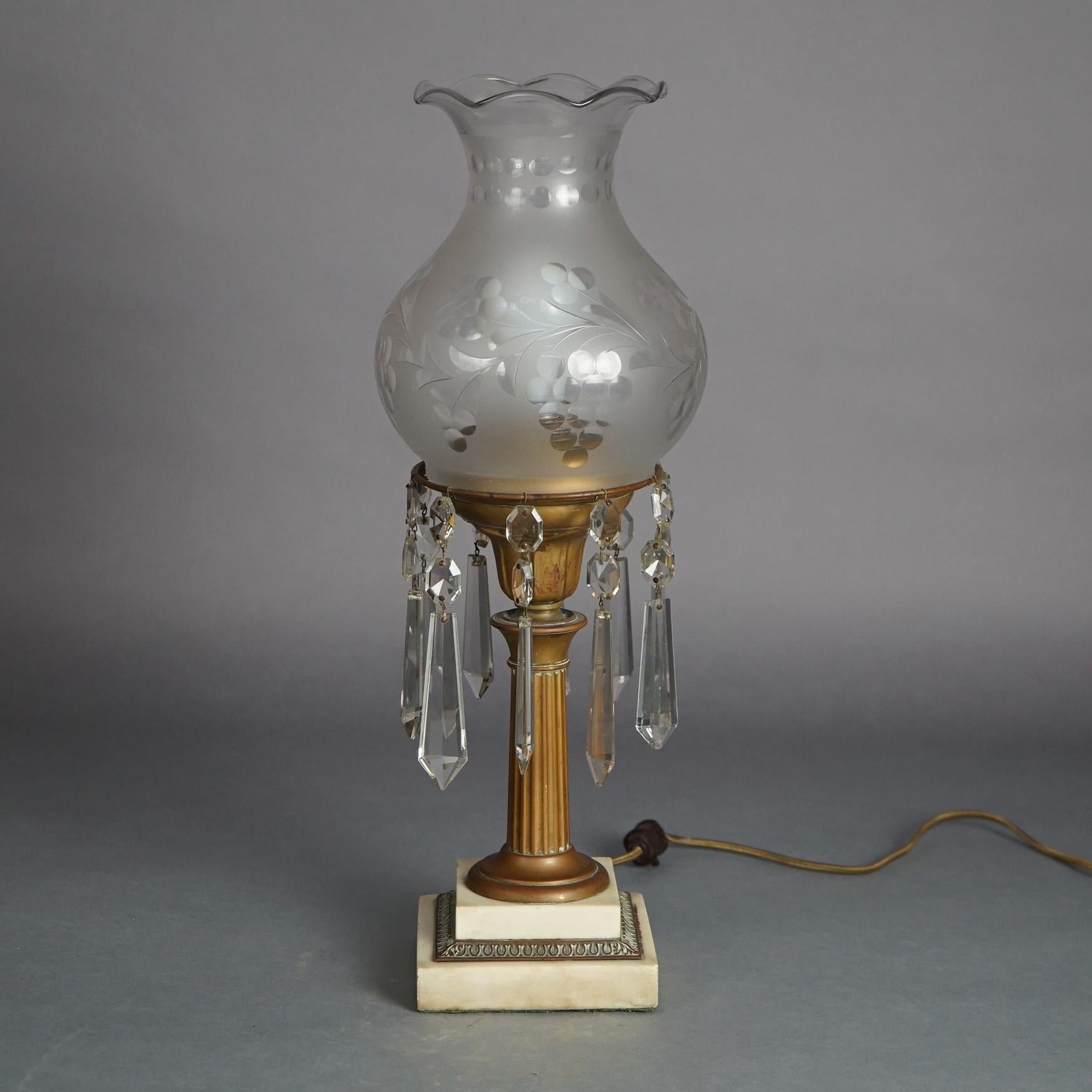 Antique Argand Sinumbra Bronze, Brass & Crystal Prism Solar Lamp with Floral Etched Opalescent Shade and Fluted Base, Electrified, c1840

Measures - 19.5
