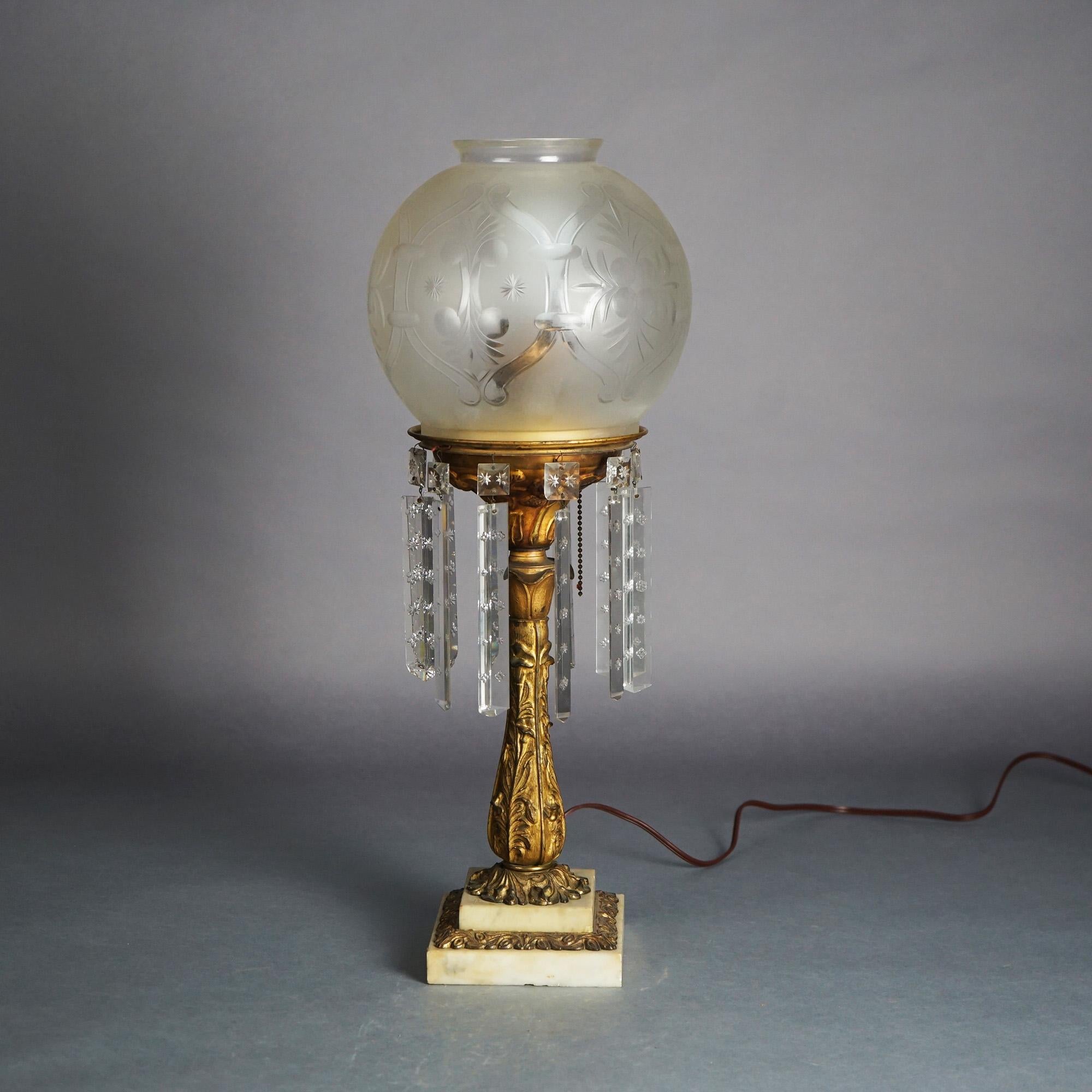Antique Argand Sinumbra Bronze, Brass & Crystal Prism Solar Lamp with Floral Etched Opalescent Shade and Floral Embossed Base, Electrified, c1840

Measures - 23.5