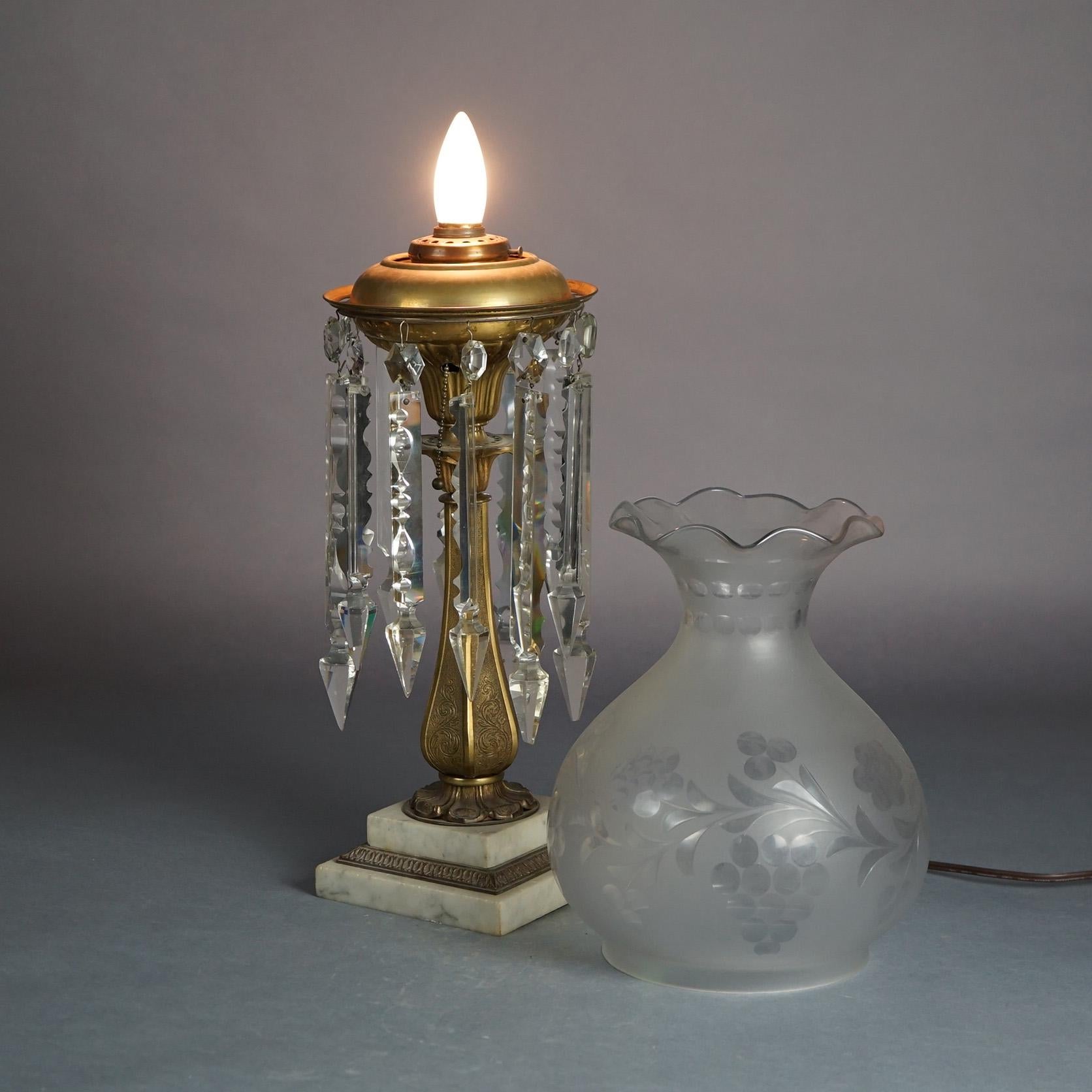 Antique Argand Sinumbra Bronze, Brass & Crystal Prism Solar Lamp with Floral Etched Opalescent Shade and Floral Embossed Base, Electrified, c1840

Measures - 26