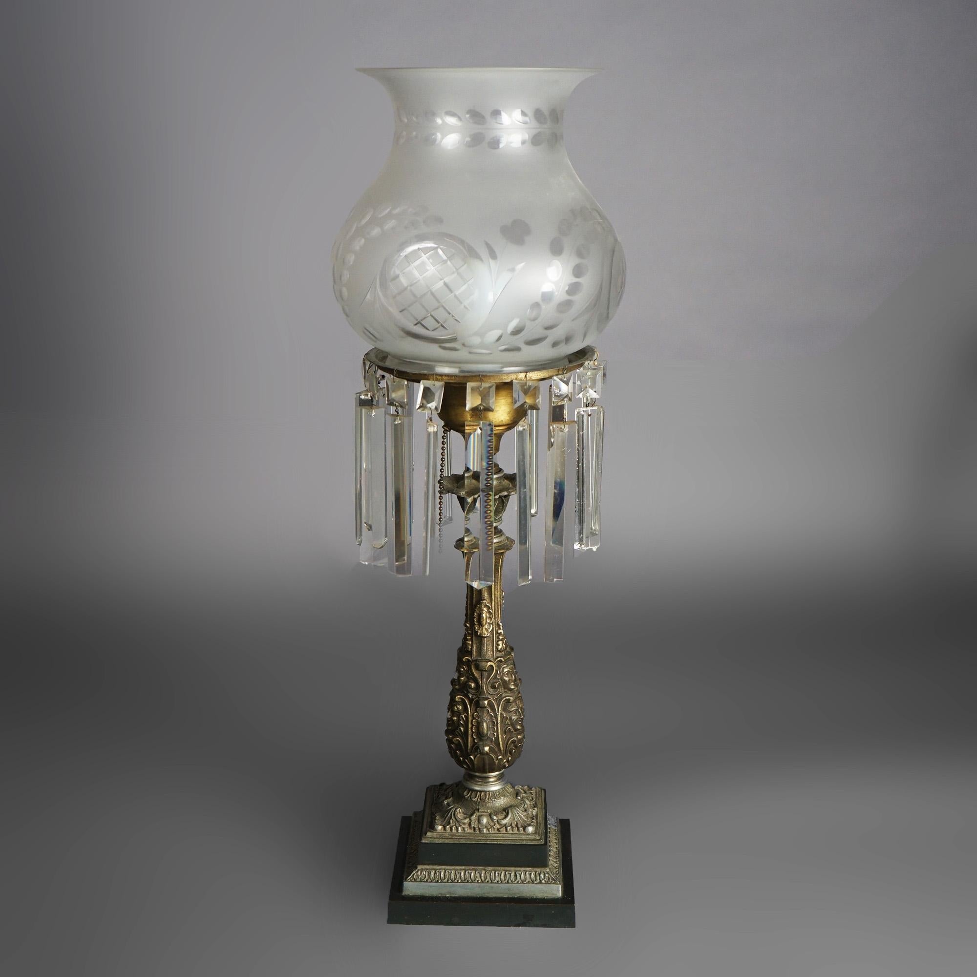 American Antique Argand Sinumbra Bronze, Brass & Crystal Solar Lamp With Opalescent Shade