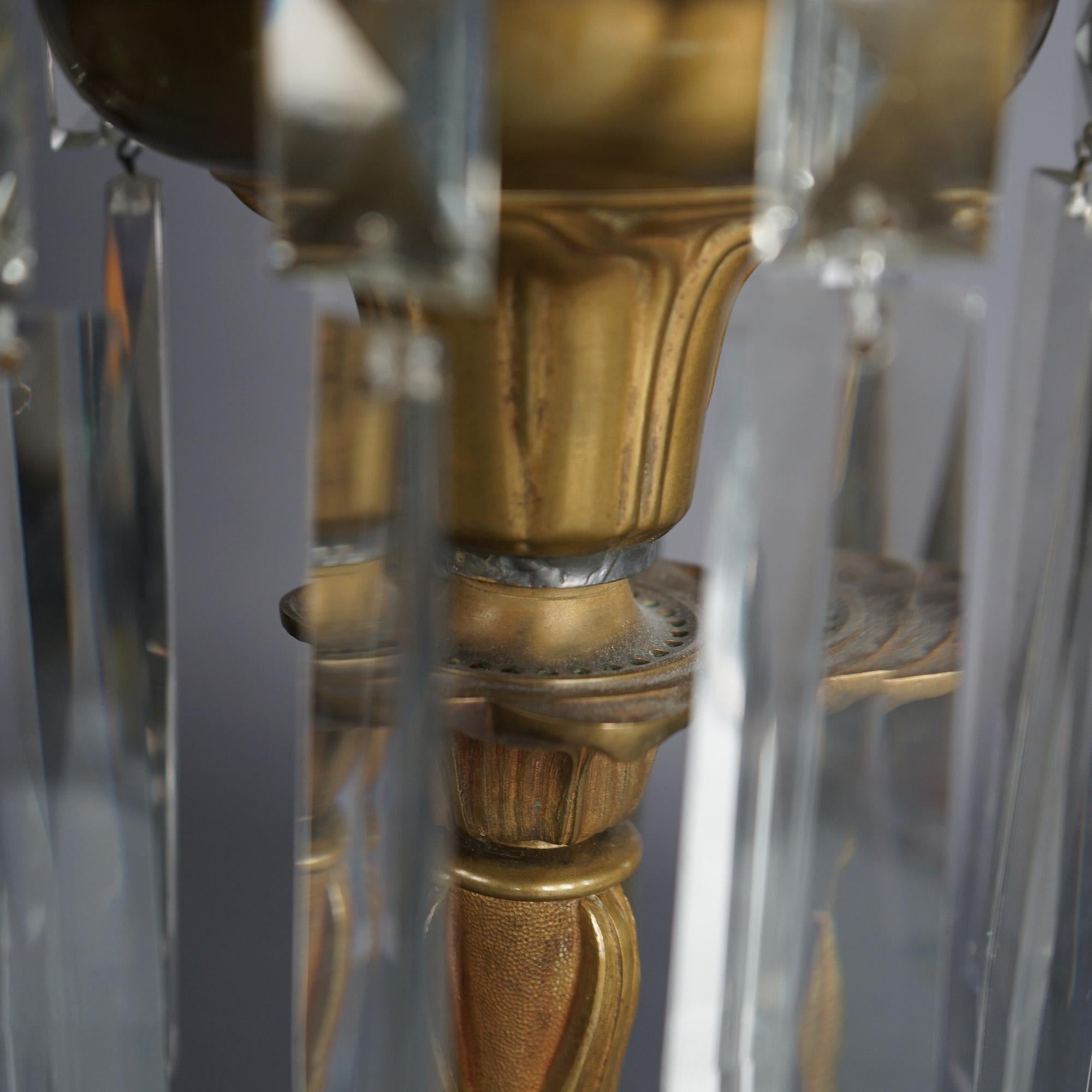American Antique Argand Sinumbra Bronze, Brass & Crystal Solar Lamp With Opalescent Shade