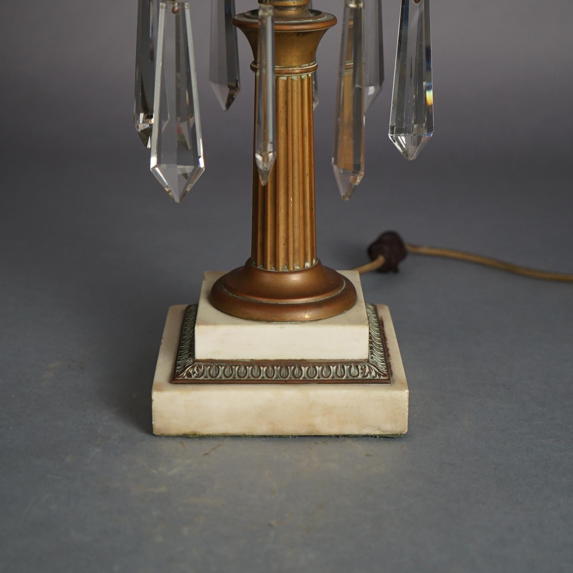 American Antique Argand Sinumbra Bronze, Brass & Crystal Solar Lamp With Opalescent Shade
