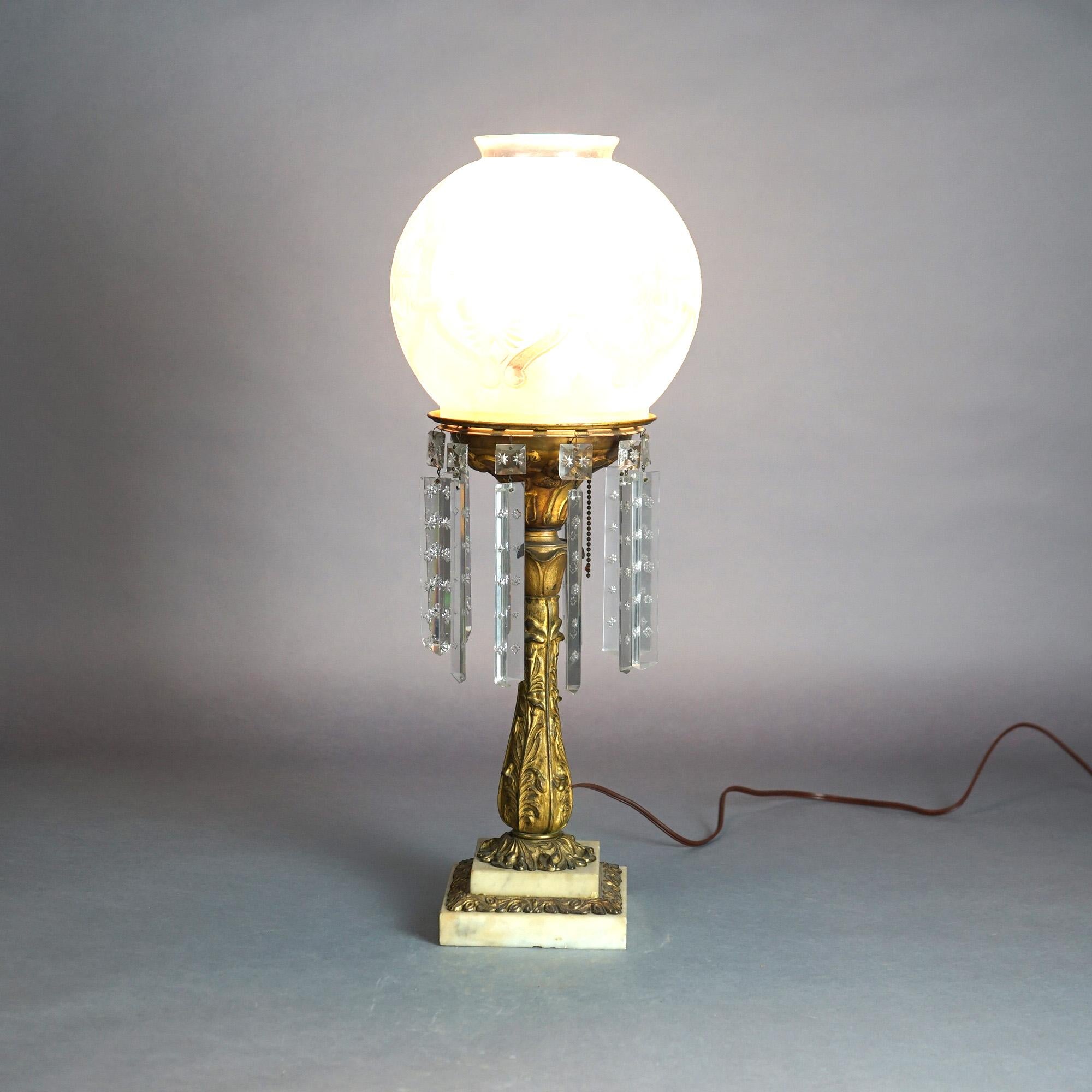 American Antique Argand Sinumbra Bronze, Brass & Crystal Solar Lamp With Opalescent Shade