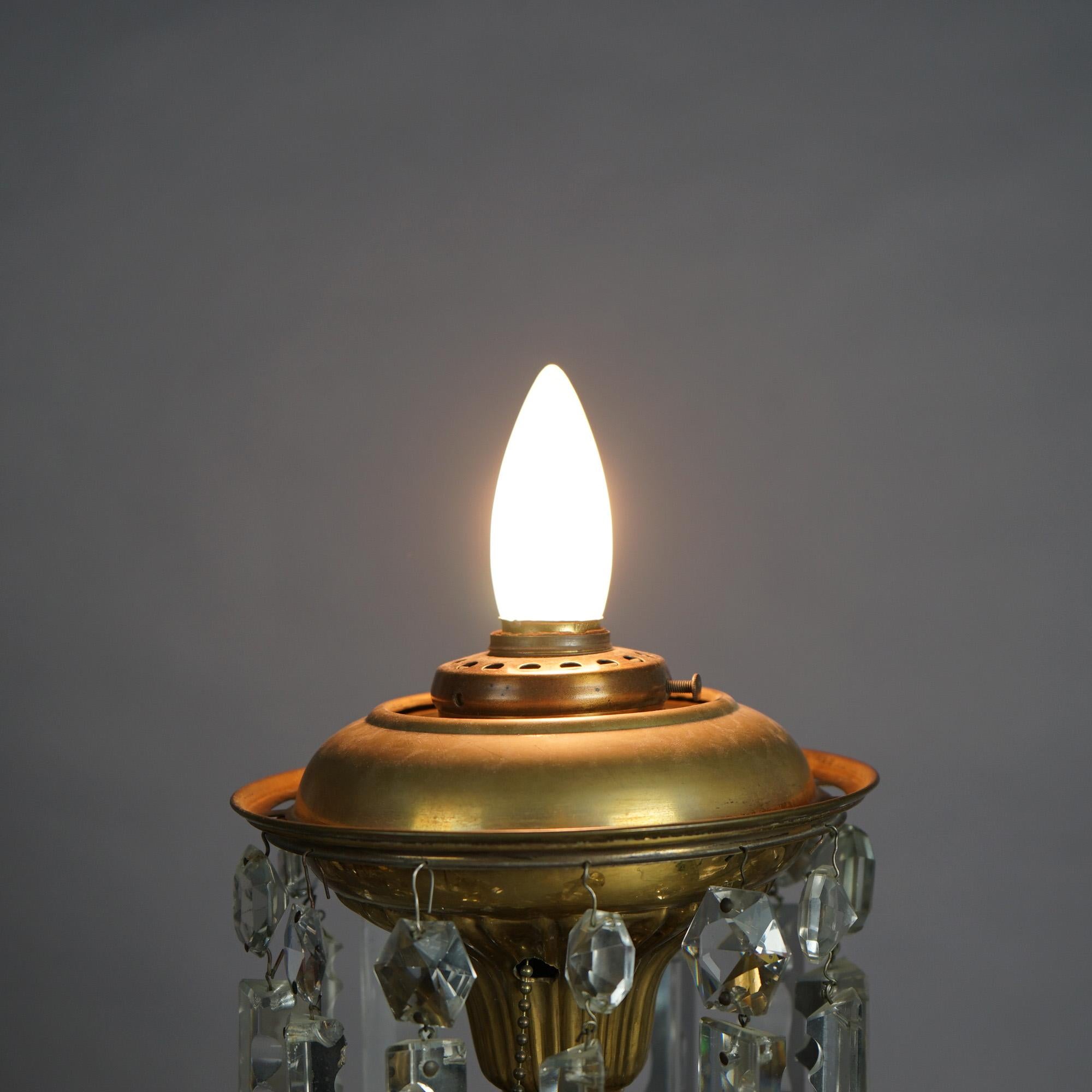 American Antique Argand Sinumbra Bronze, Brass & Crystal Solar Lamp With Opalescent Shade