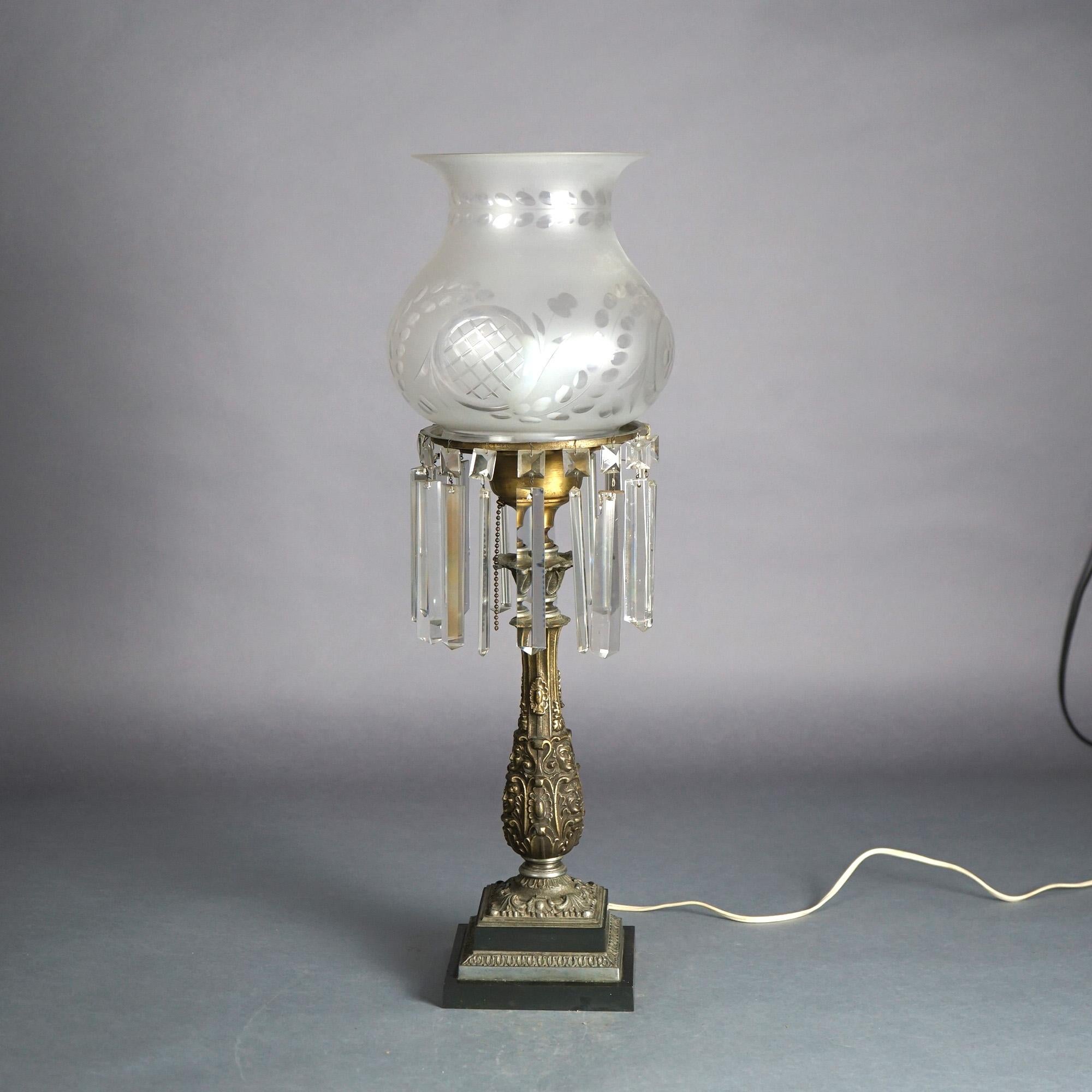 Cast Antique Argand Sinumbra Bronze, Brass & Crystal Solar Lamp With Opalescent Shade