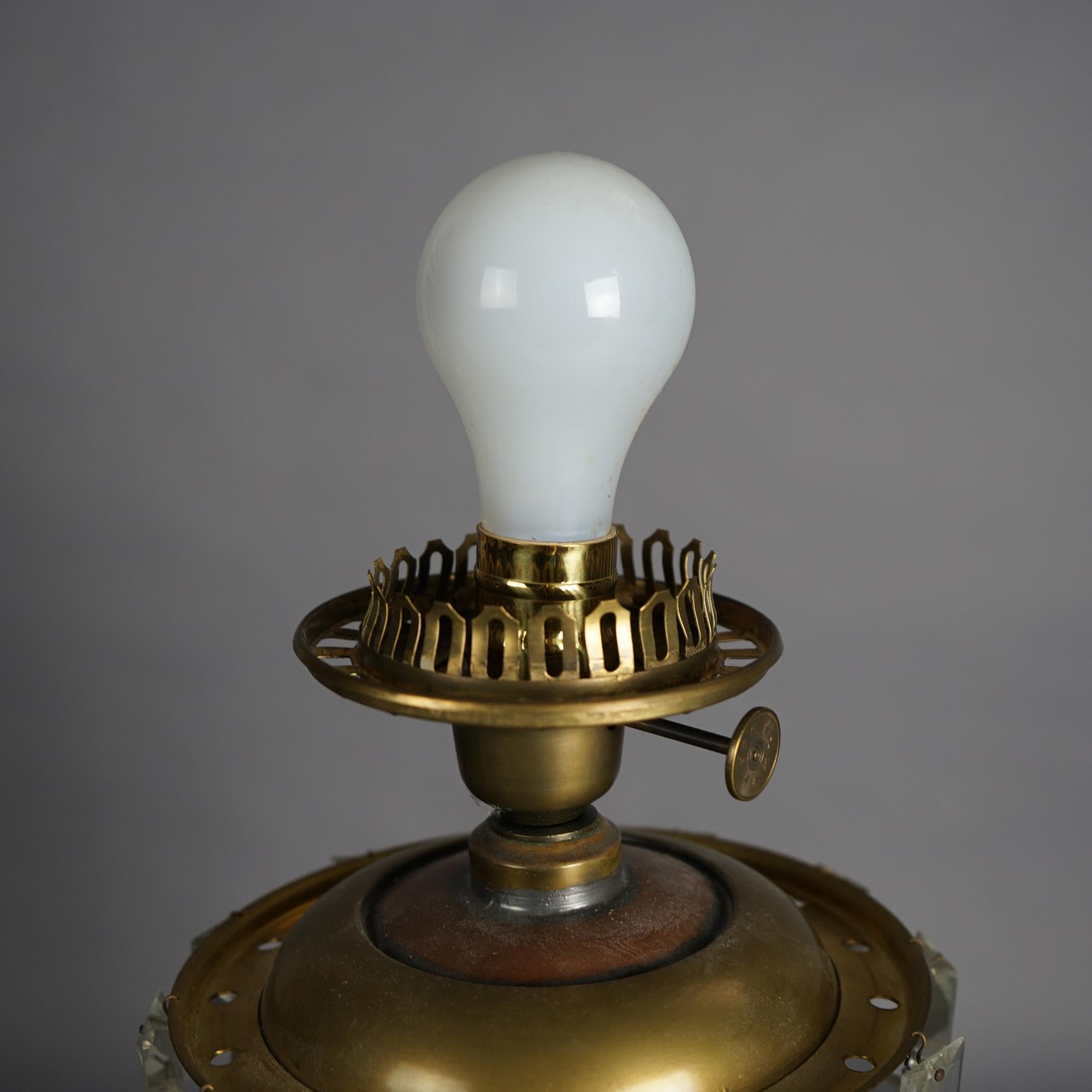 Cast Antique Argand Sinumbra Bronze, Brass & Crystal Solar Lamp With Opalescent Shade