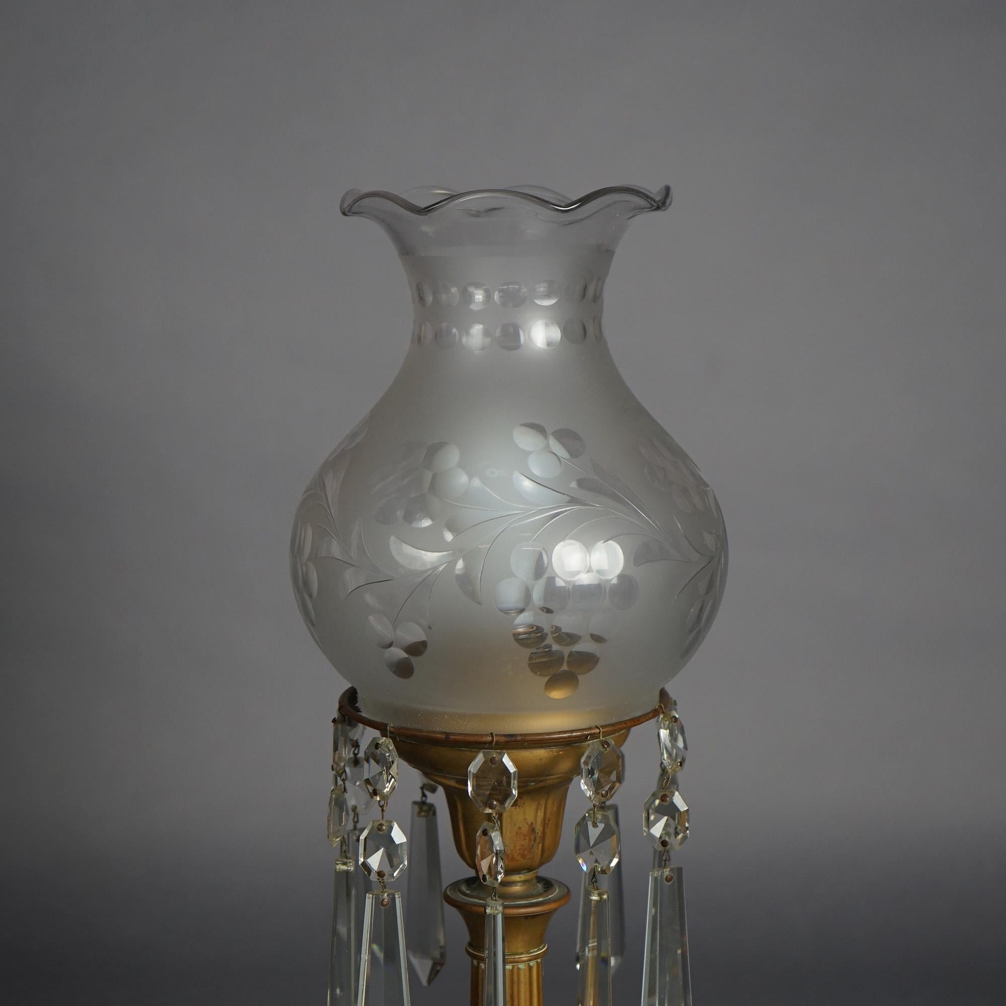 Cast Antique Argand Sinumbra Bronze, Brass & Crystal Solar Lamp With Opalescent Shade