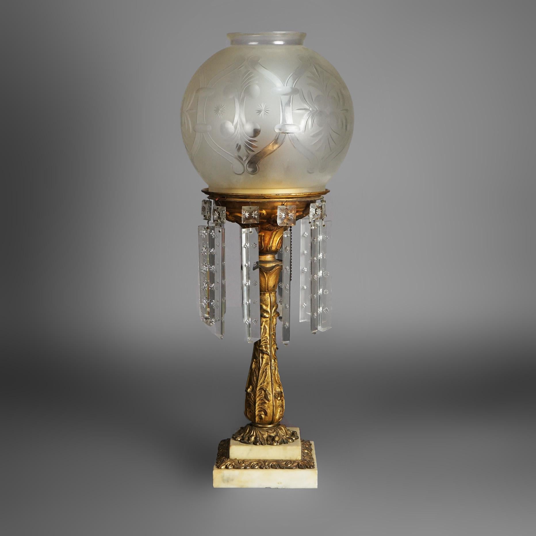 Cast Antique Argand Sinumbra Bronze, Brass & Crystal Solar Lamp With Opalescent Shade