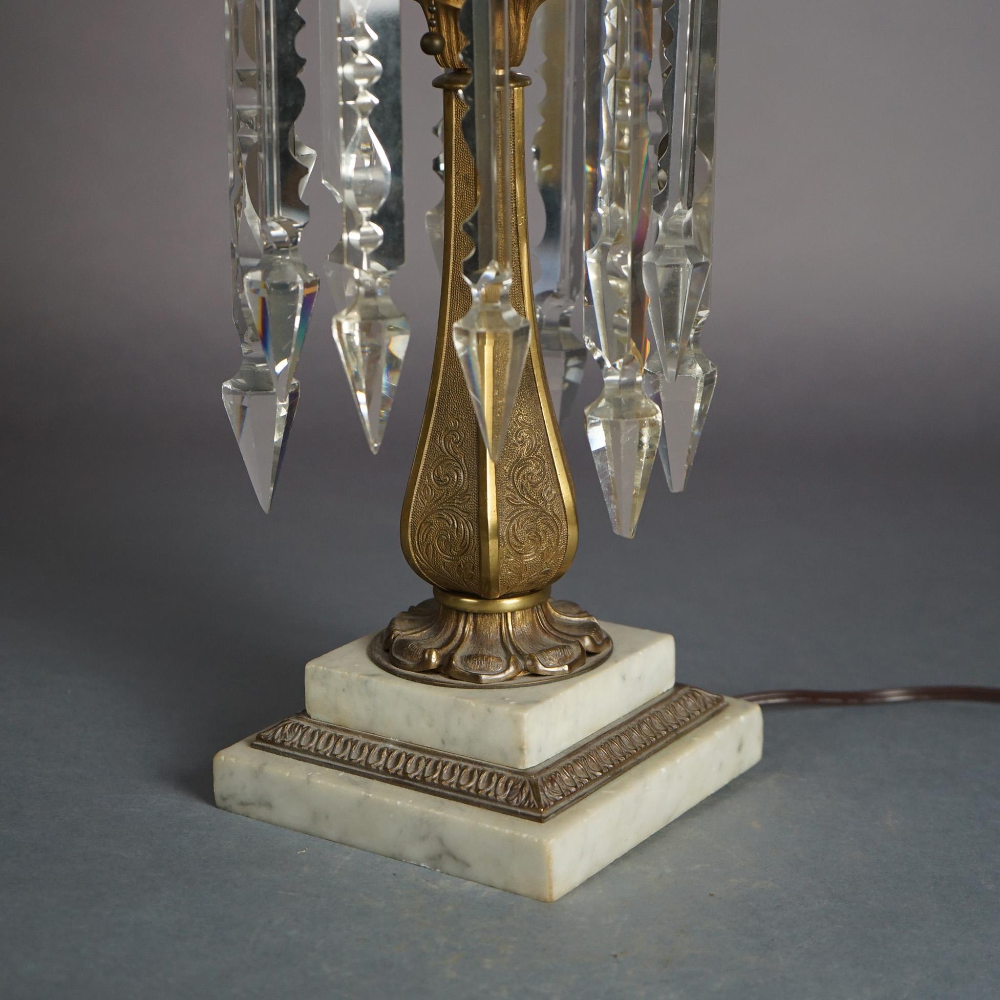 Cast Antique Argand Sinumbra Bronze, Brass & Crystal Solar Lamp With Opalescent Shade