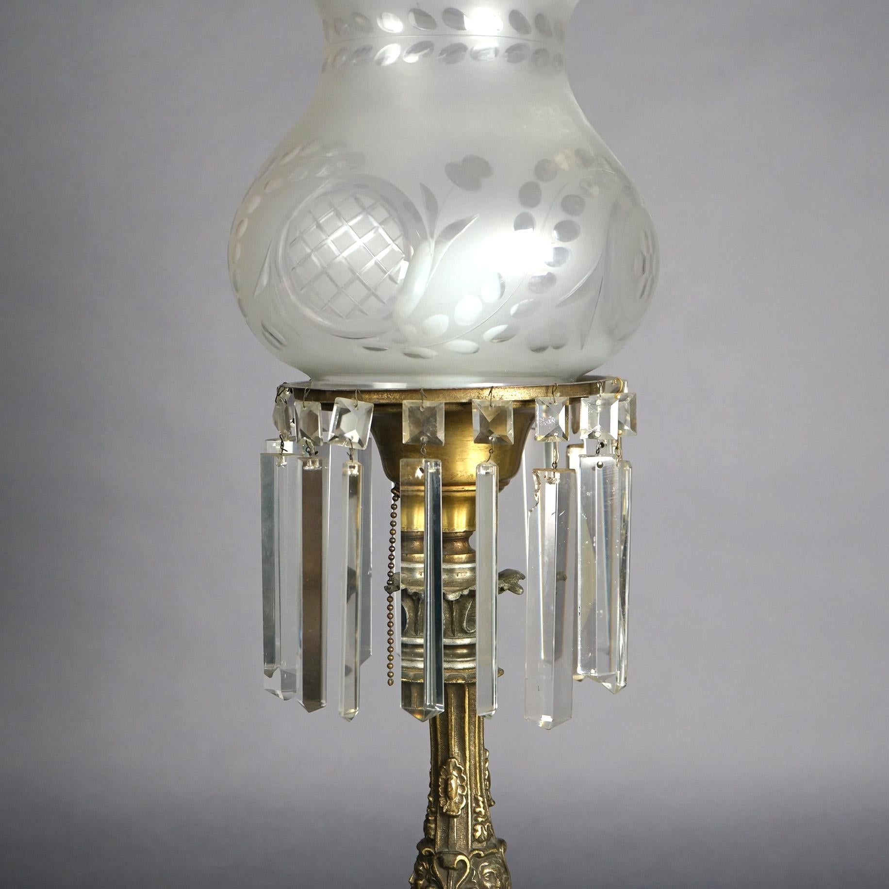 Antique Argand Sinumbra Bronze, Brass & Crystal Solar Lamp With Opalescent Shade In Good Condition In Big Flats, NY