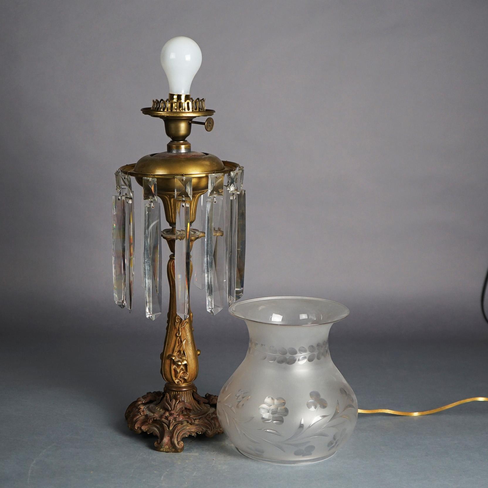 Antique Argand Sinumbra Bronze, Brass & Crystal Solar Lamp With Opalescent Shade In Good Condition In Big Flats, NY