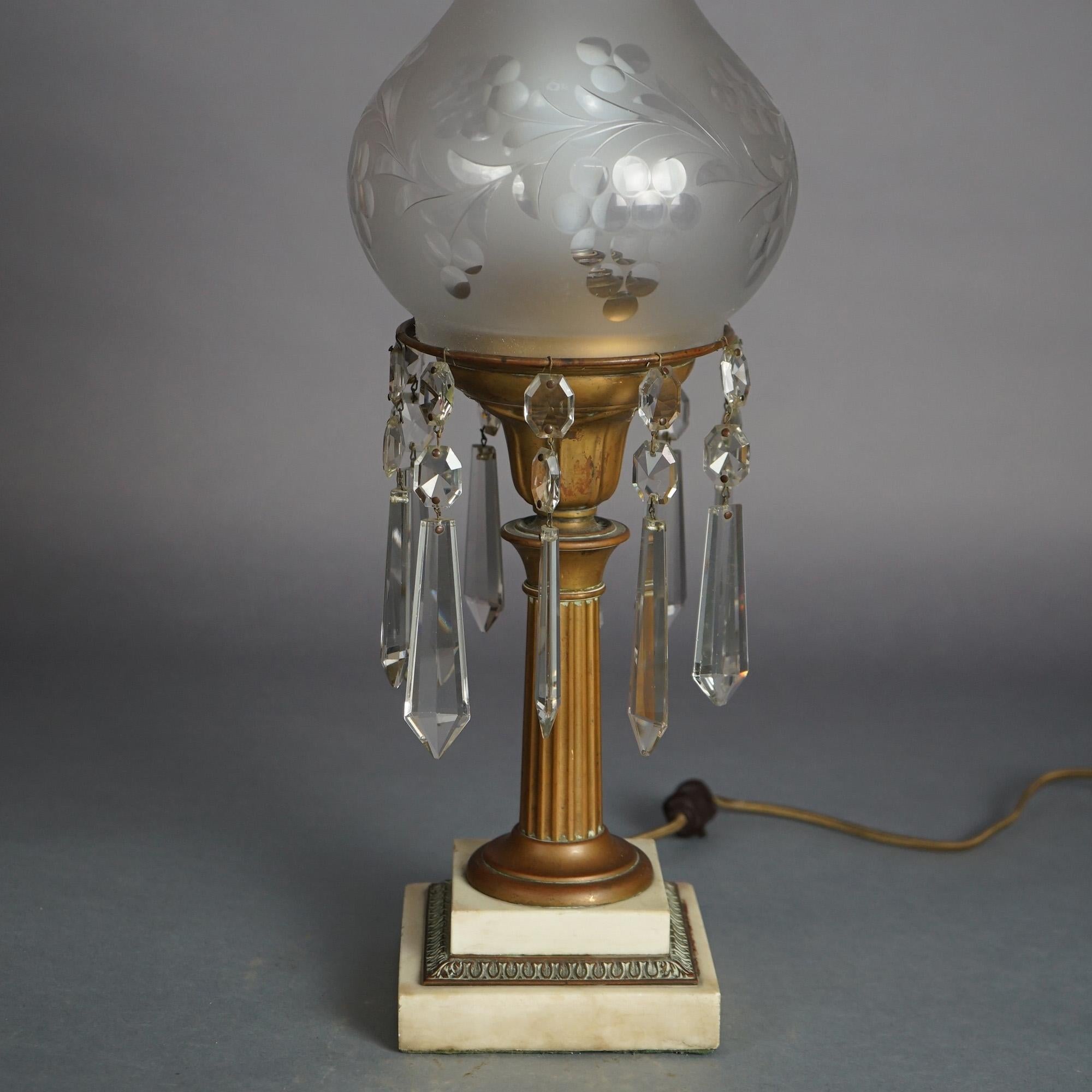 Antique Argand Sinumbra Bronze, Brass & Crystal Solar Lamp With Opalescent Shade In Good Condition In Big Flats, NY