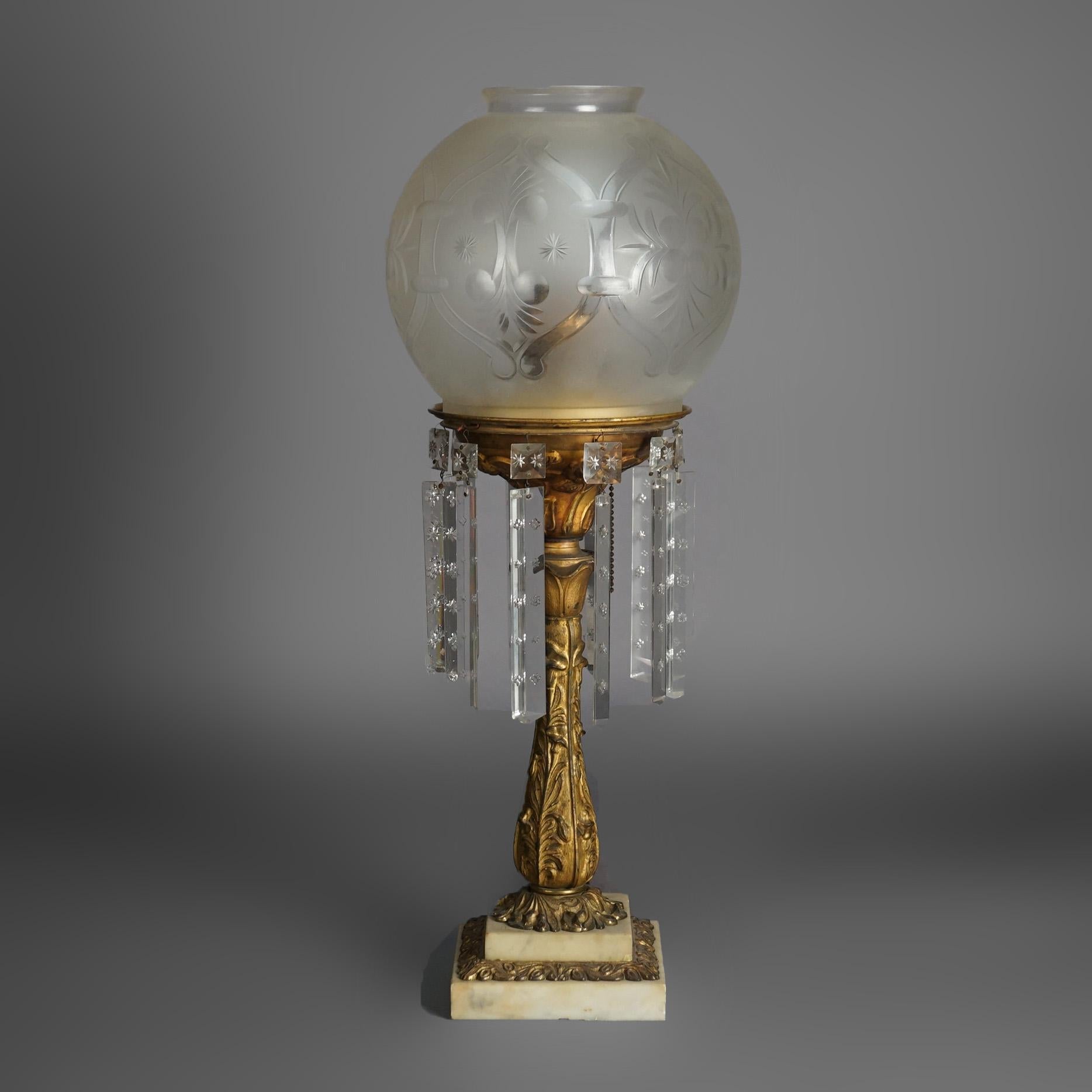 Antique Argand Sinumbra Bronze, Brass & Crystal Solar Lamp With Opalescent Shade In Good Condition In Big Flats, NY
