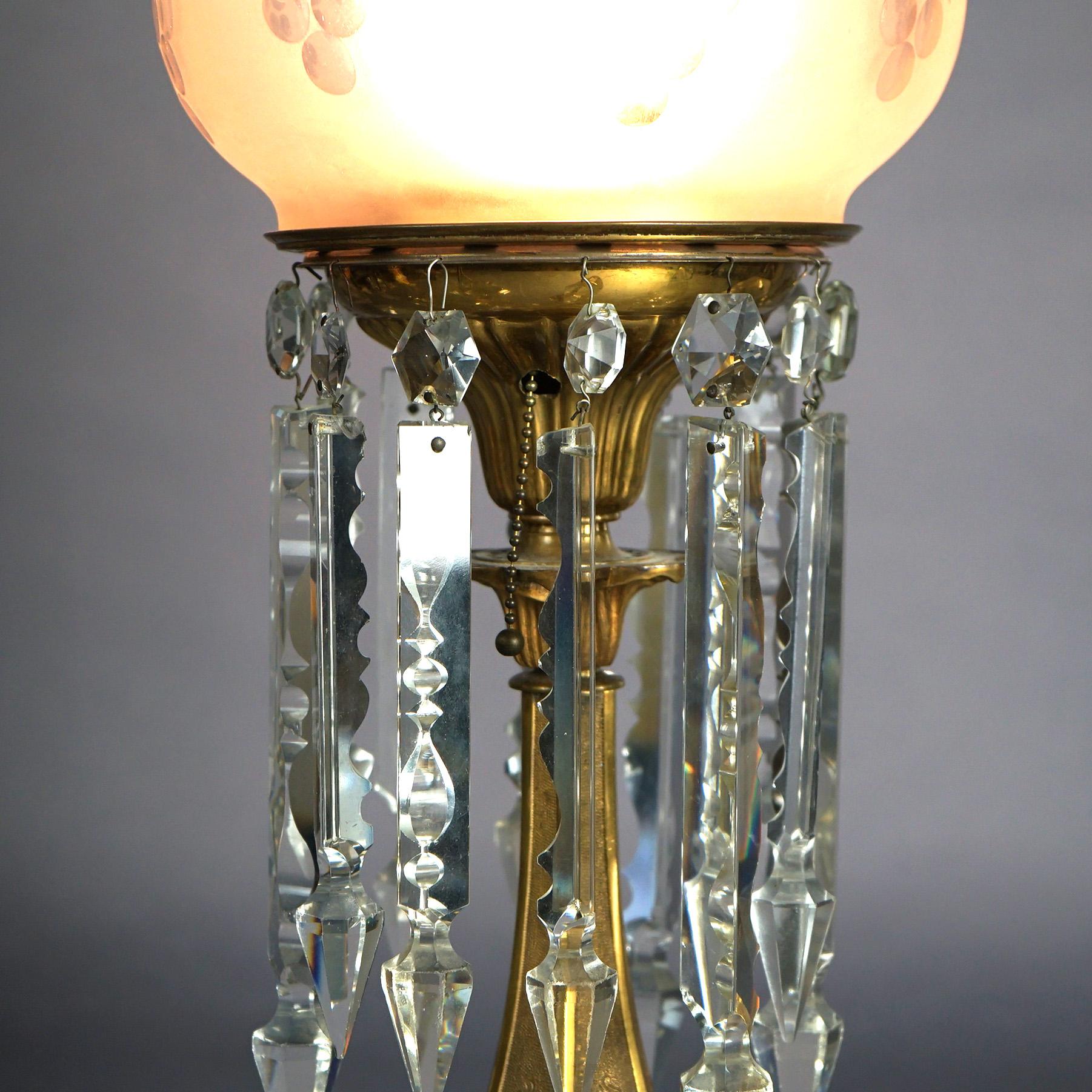 Antique Argand Sinumbra Bronze, Brass & Crystal Solar Lamp With Opalescent Shade In Good Condition In Big Flats, NY