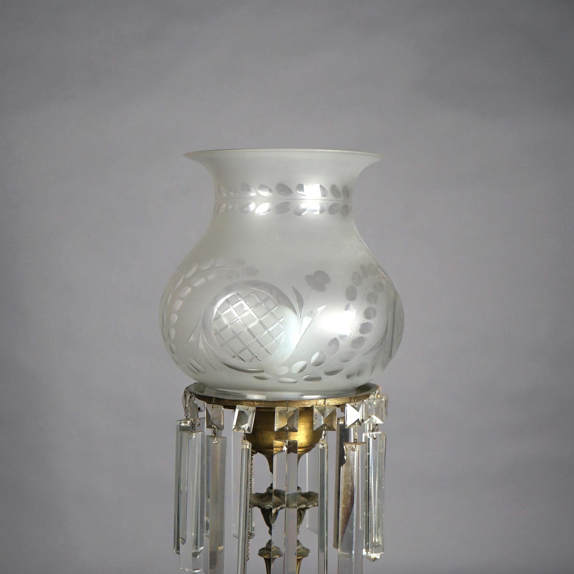 19th Century Antique Argand Sinumbra Bronze, Brass & Crystal Solar Lamp With Opalescent Shade