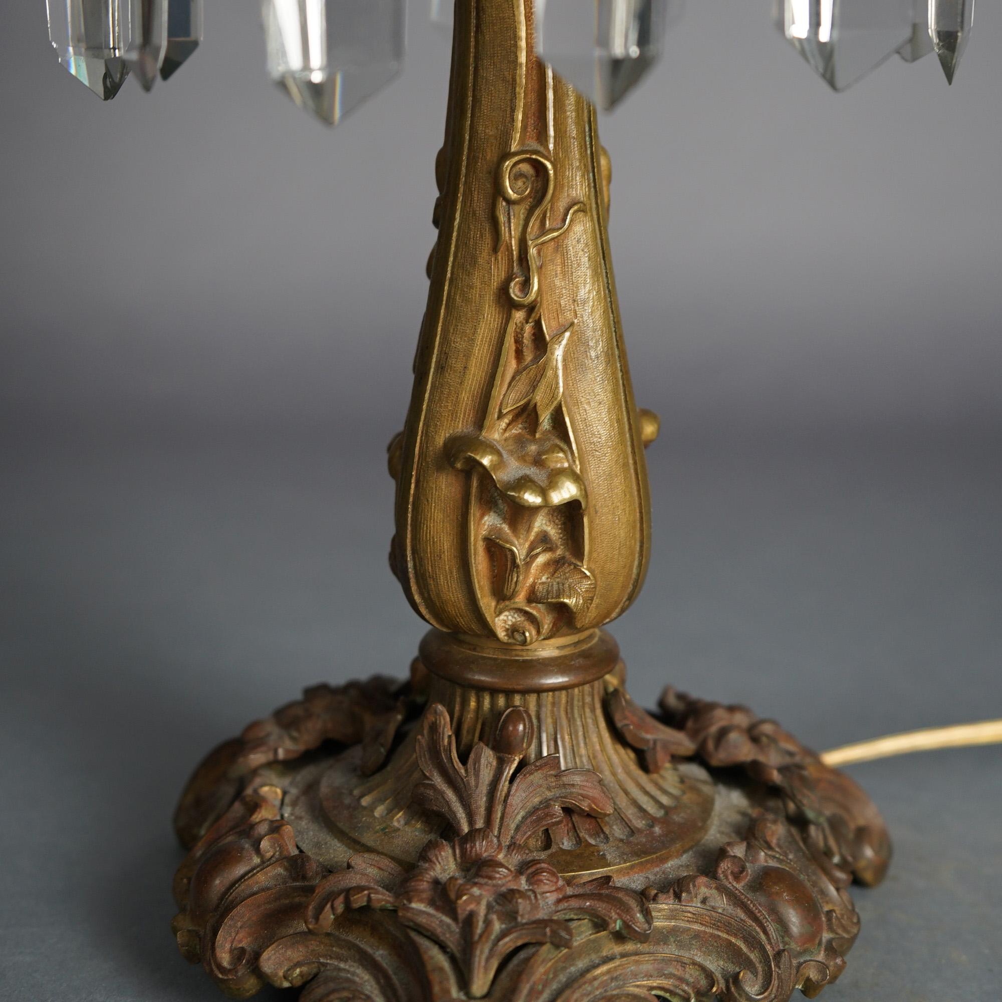 19th Century Antique Argand Sinumbra Bronze, Brass & Crystal Solar Lamp With Opalescent Shade