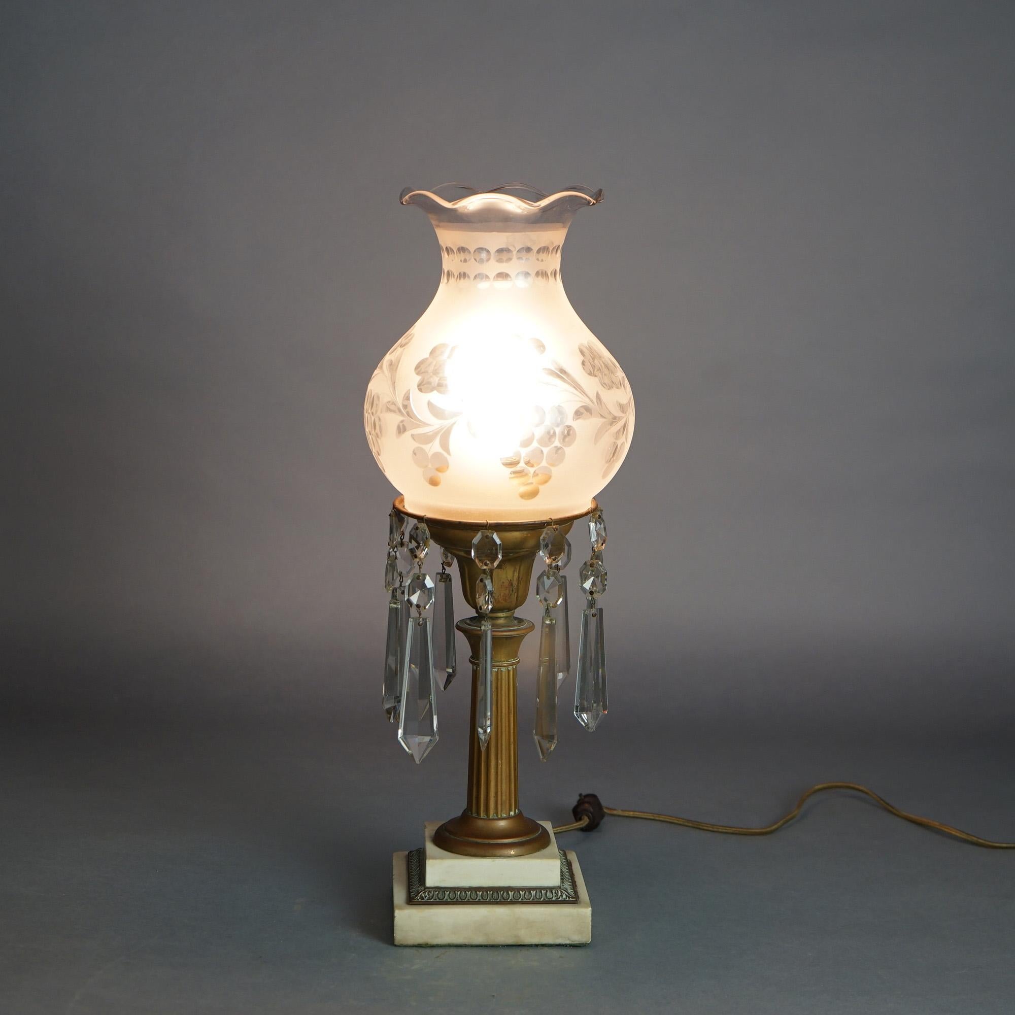 19th Century Antique Argand Sinumbra Bronze, Brass & Crystal Solar Lamp With Opalescent Shade