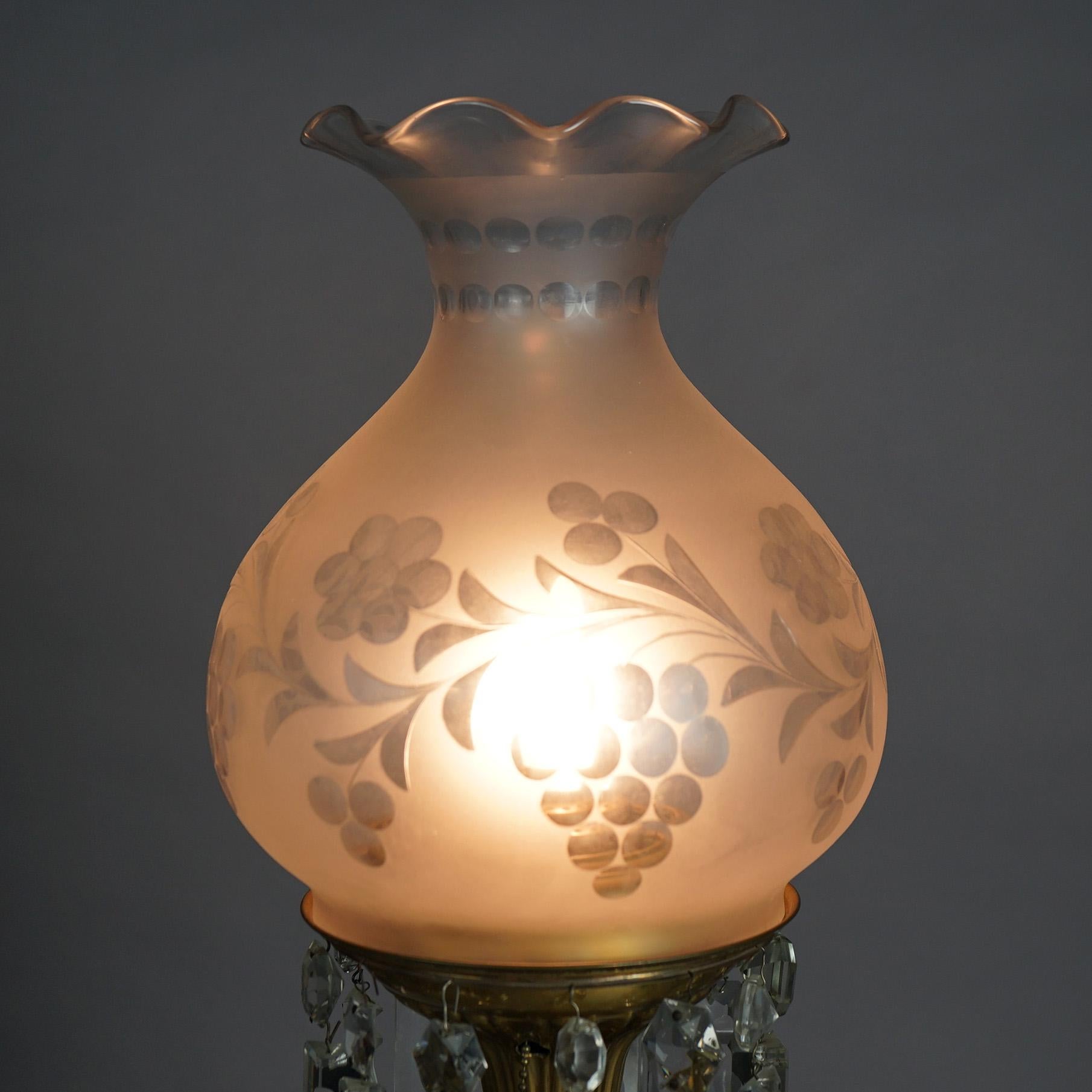 19th Century Antique Argand Sinumbra Bronze, Brass & Crystal Solar Lamp With Opalescent Shade