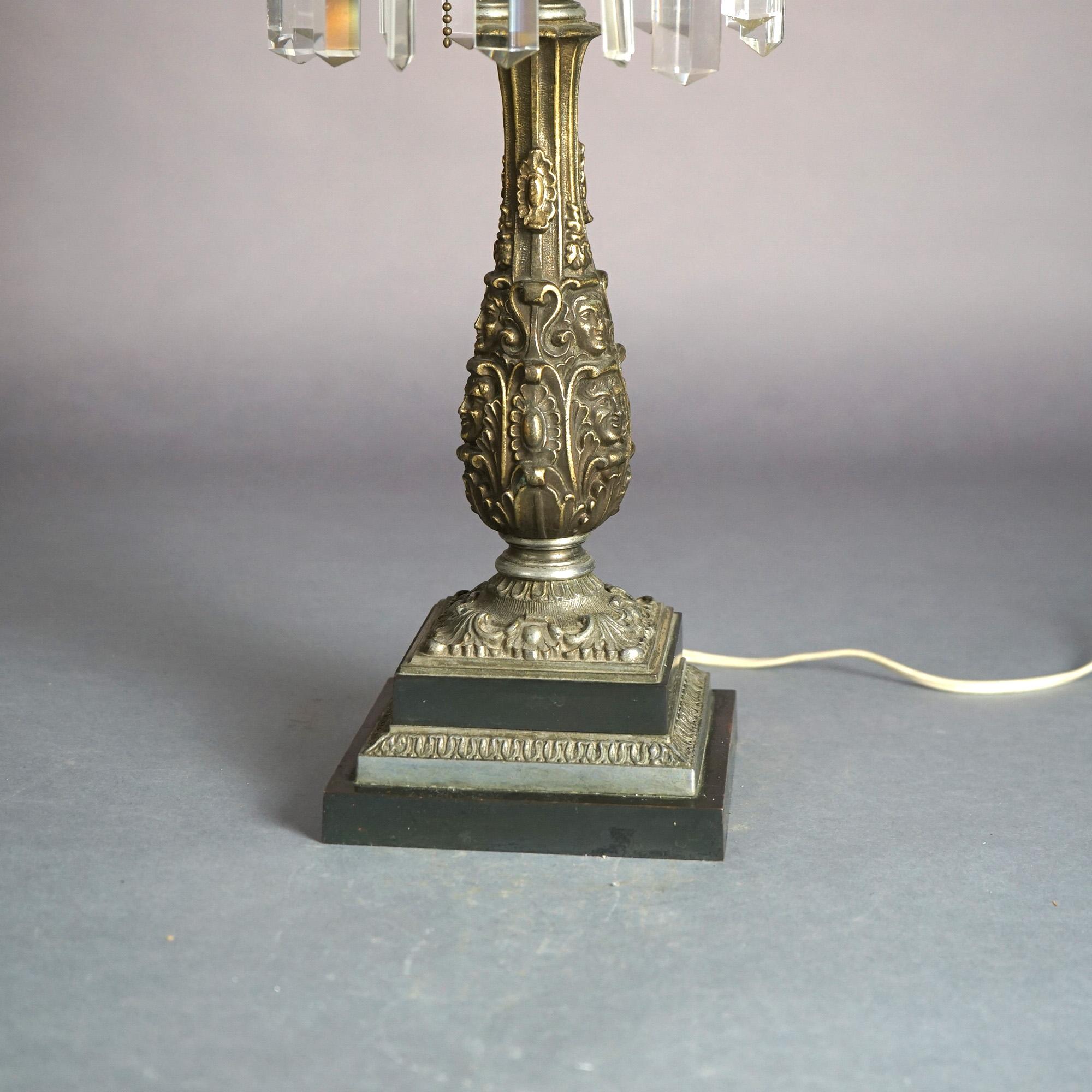 Antique Argand Sinumbra Bronze, Brass & Crystal Solar Lamp With Opalescent Shade 1