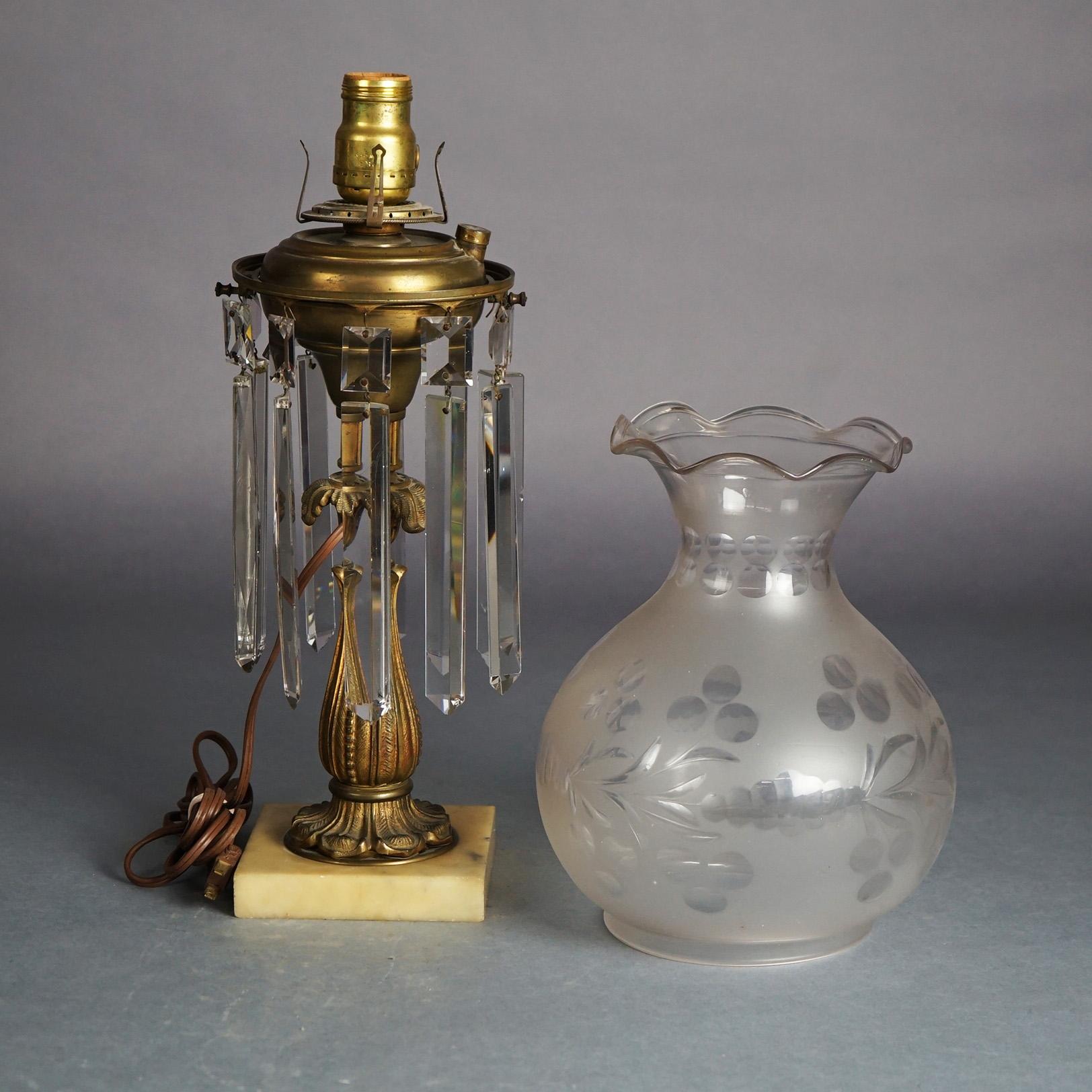 Antique Argand Sinumbra Bronze, Brass & Crystal Solar Lamp With Opalescent Shade 1