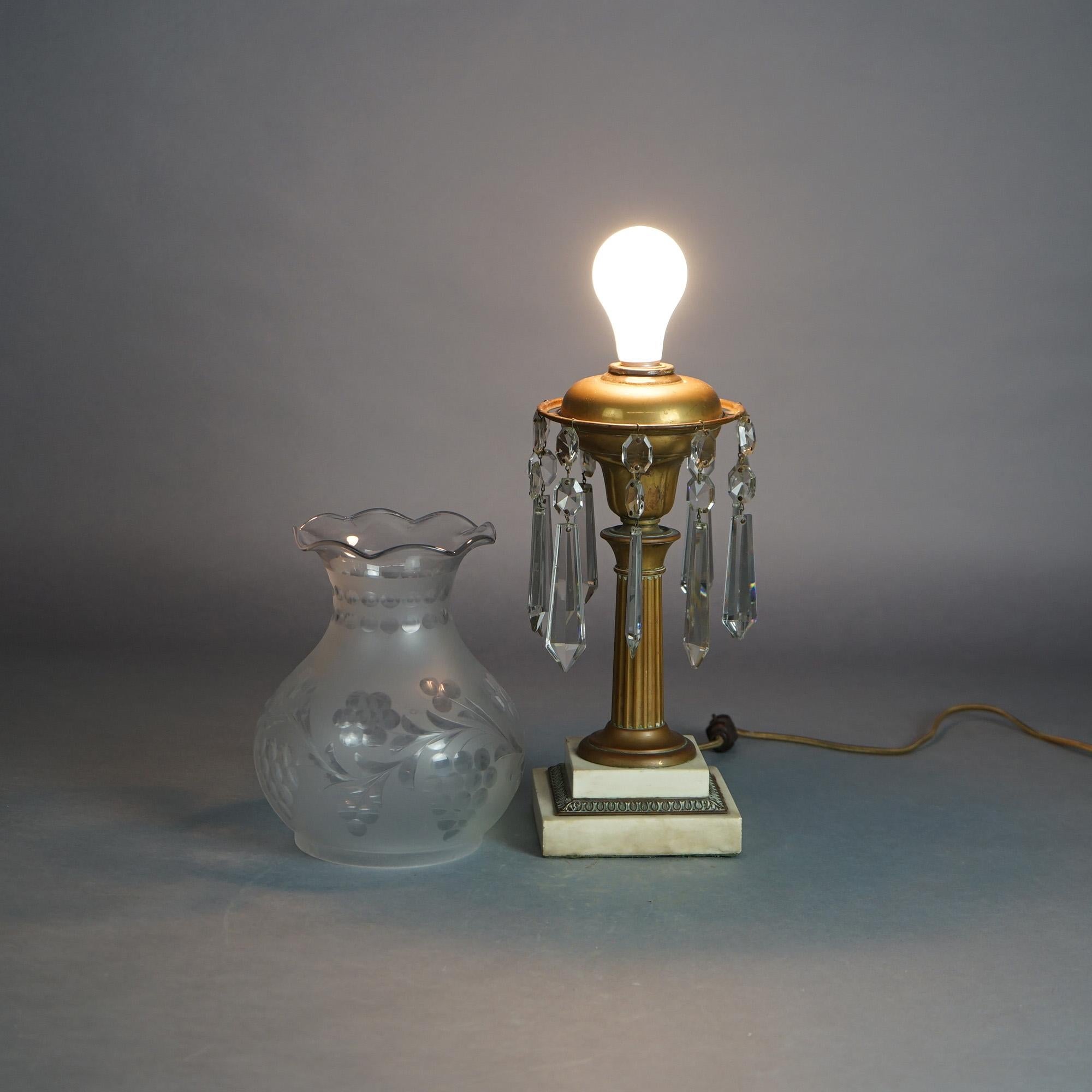 Antique Argand Sinumbra Bronze, Brass & Crystal Solar Lamp With Opalescent Shade 1