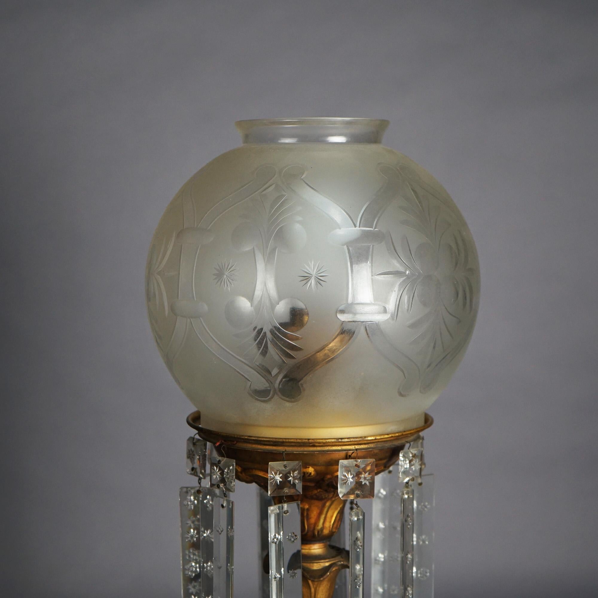 Antique Argand Sinumbra Bronze, Brass & Crystal Solar Lamp With Opalescent Shade 1