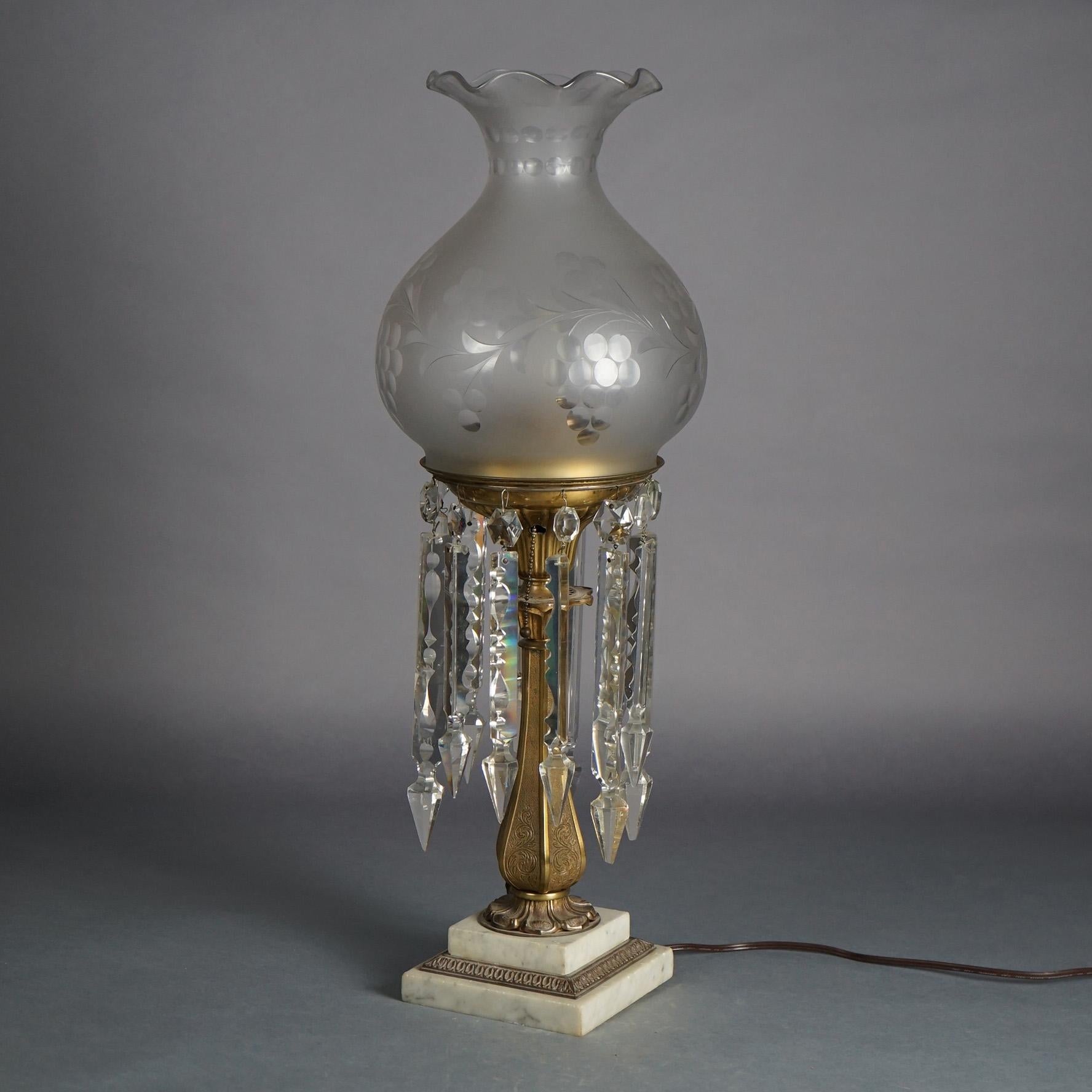 Antique Argand Sinumbra Bronze, Brass & Crystal Solar Lamp With Opalescent Shade 1