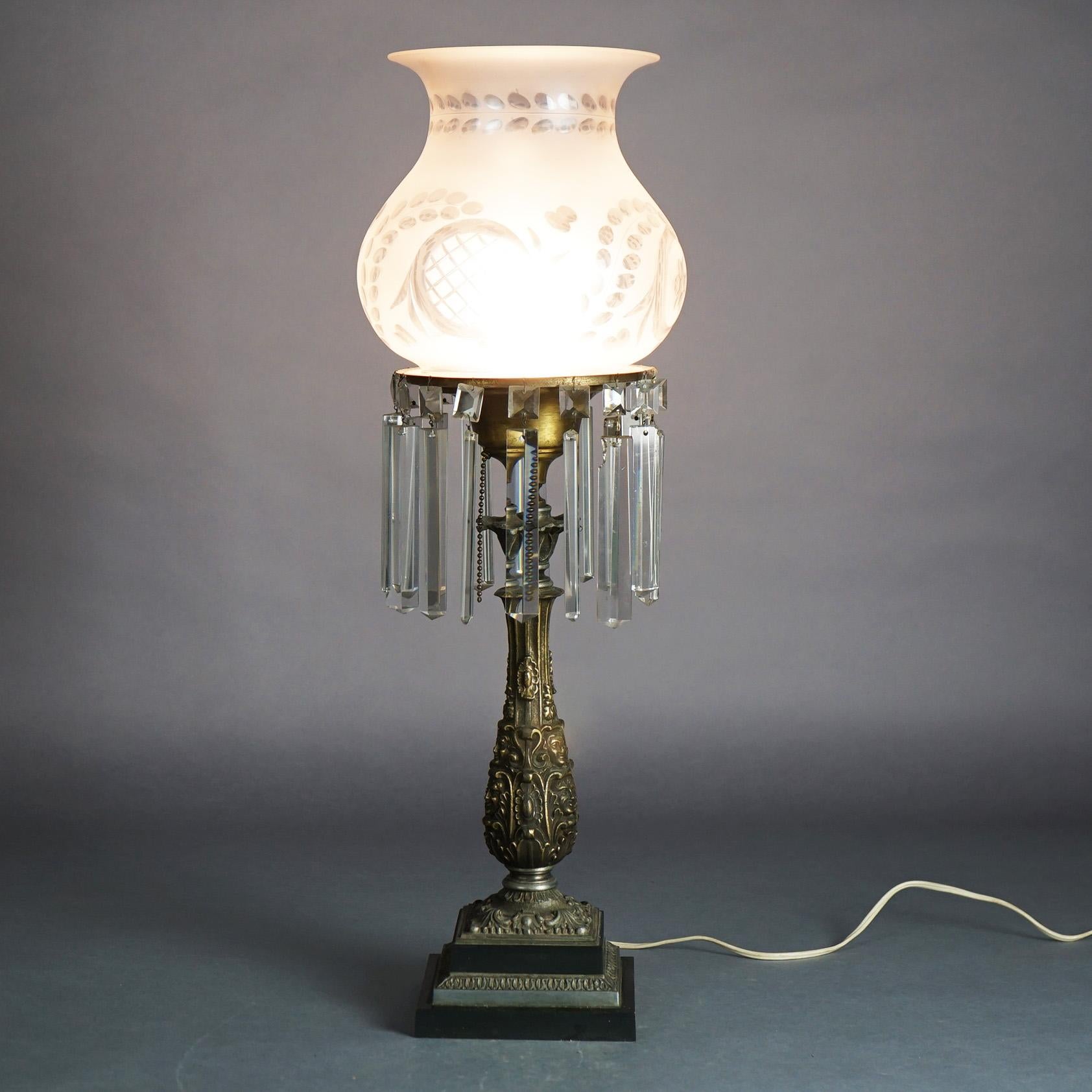 Antique Argand Sinumbra Bronze, Brass & Crystal Solar Lamp With Opalescent Shade 2