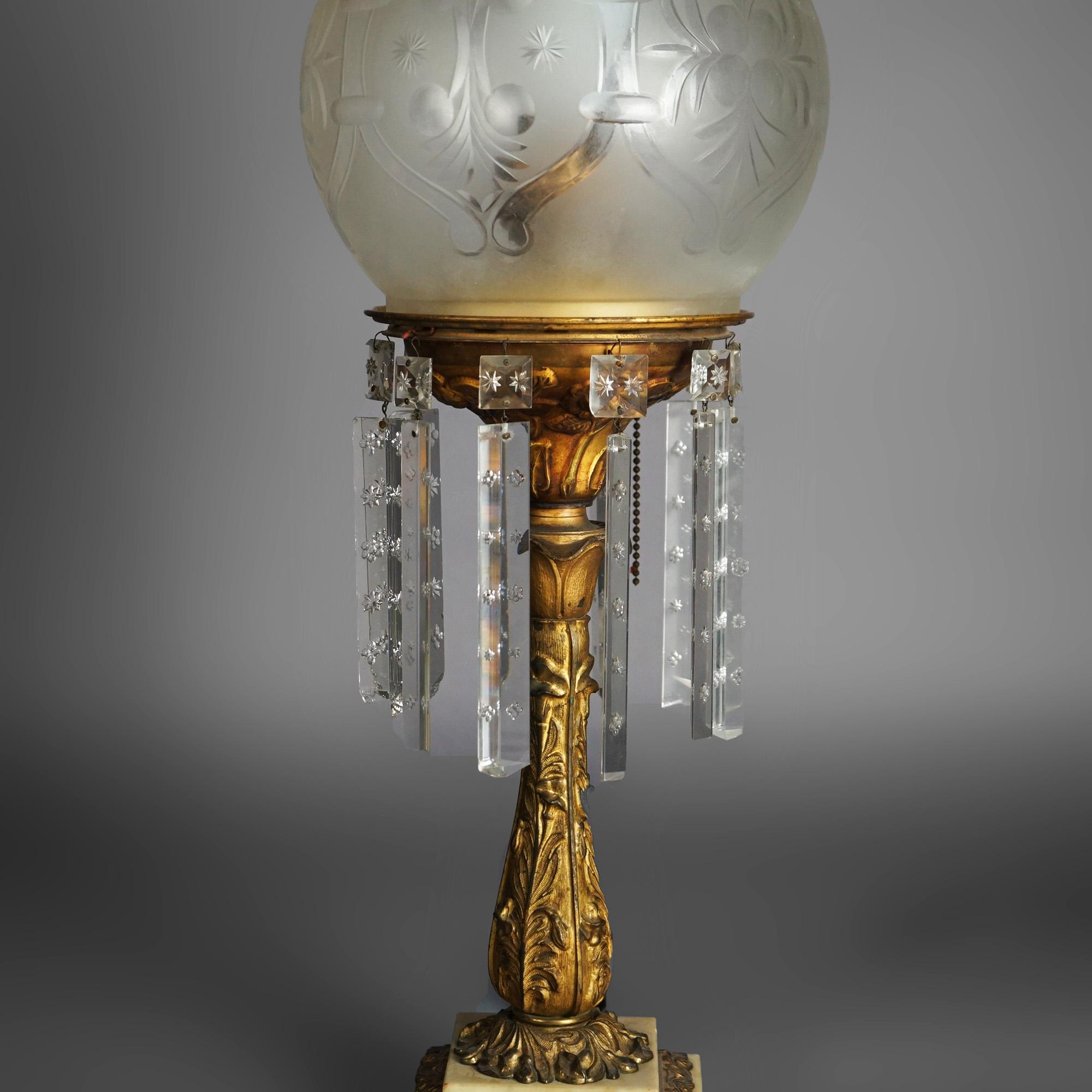 Antique Argand Sinumbra Bronze, Brass & Crystal Solar Lamp With Opalescent Shade 2