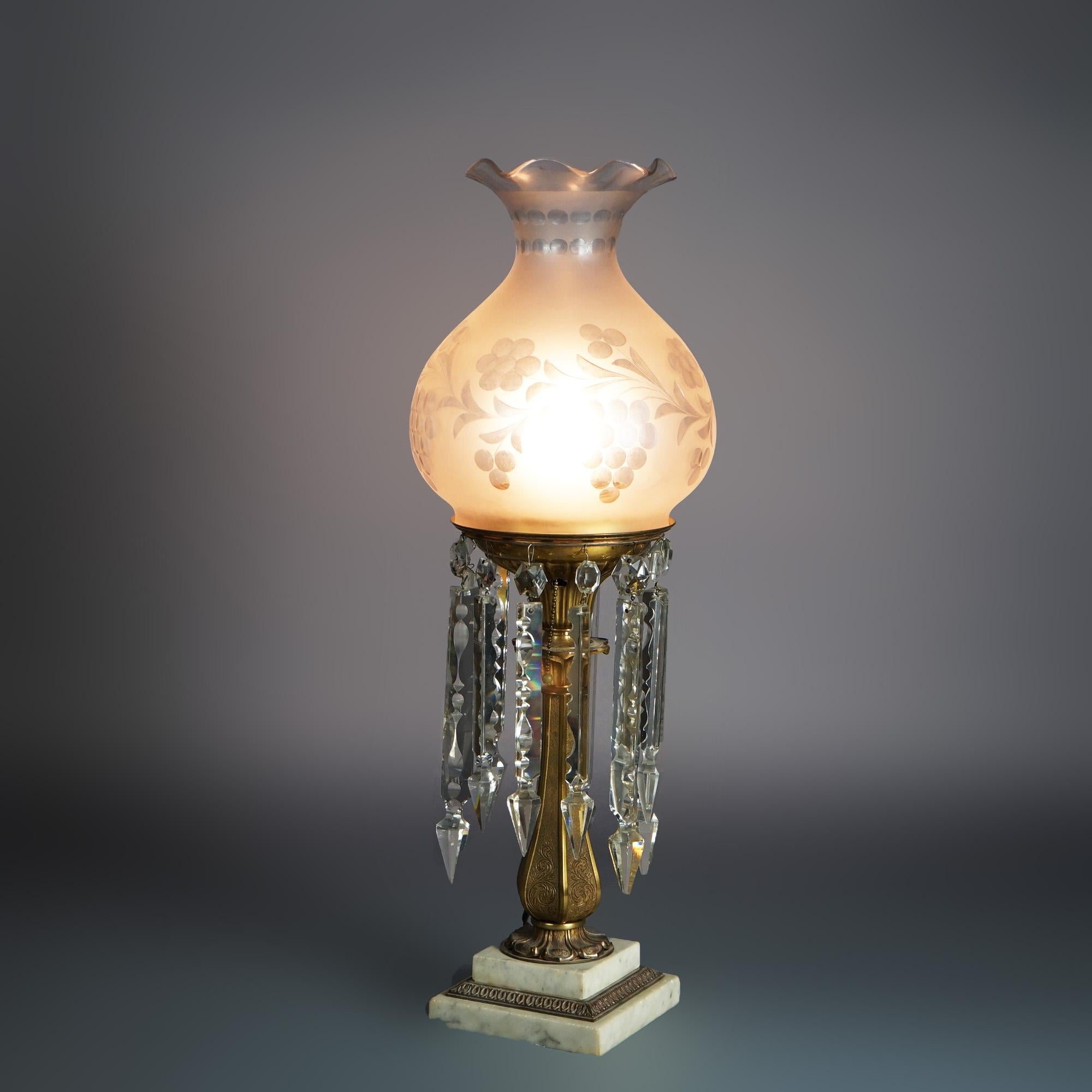 Antique Argand Sinumbra Bronze, Brass & Crystal Solar Lamp With Opalescent Shade 2