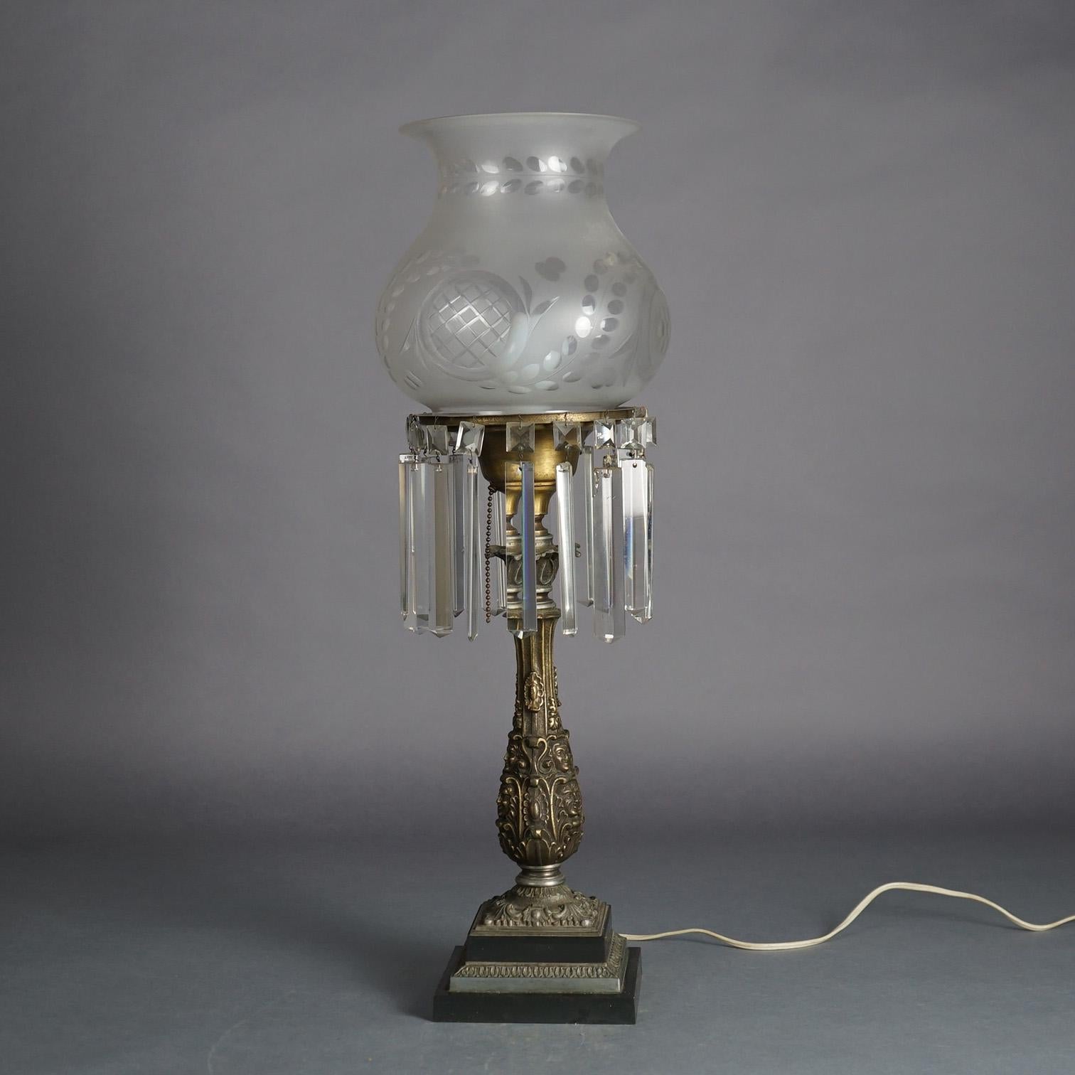 Antique Argand Sinumbra Bronze, Brass & Crystal Solar Lamp With Opalescent Shade 3