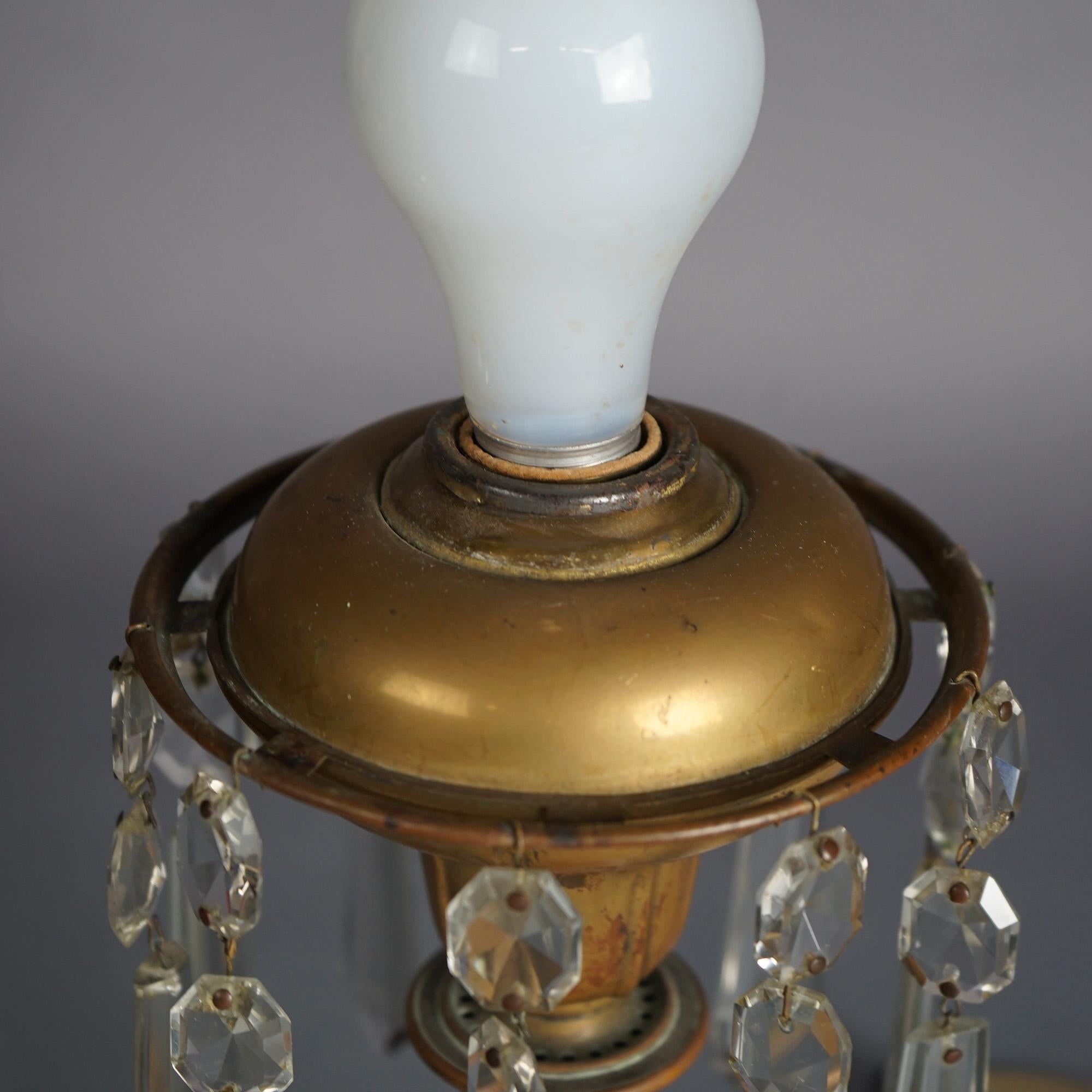 Antique Argand Sinumbra Bronze, Brass & Crystal Solar Lamp With Opalescent Shade 3
