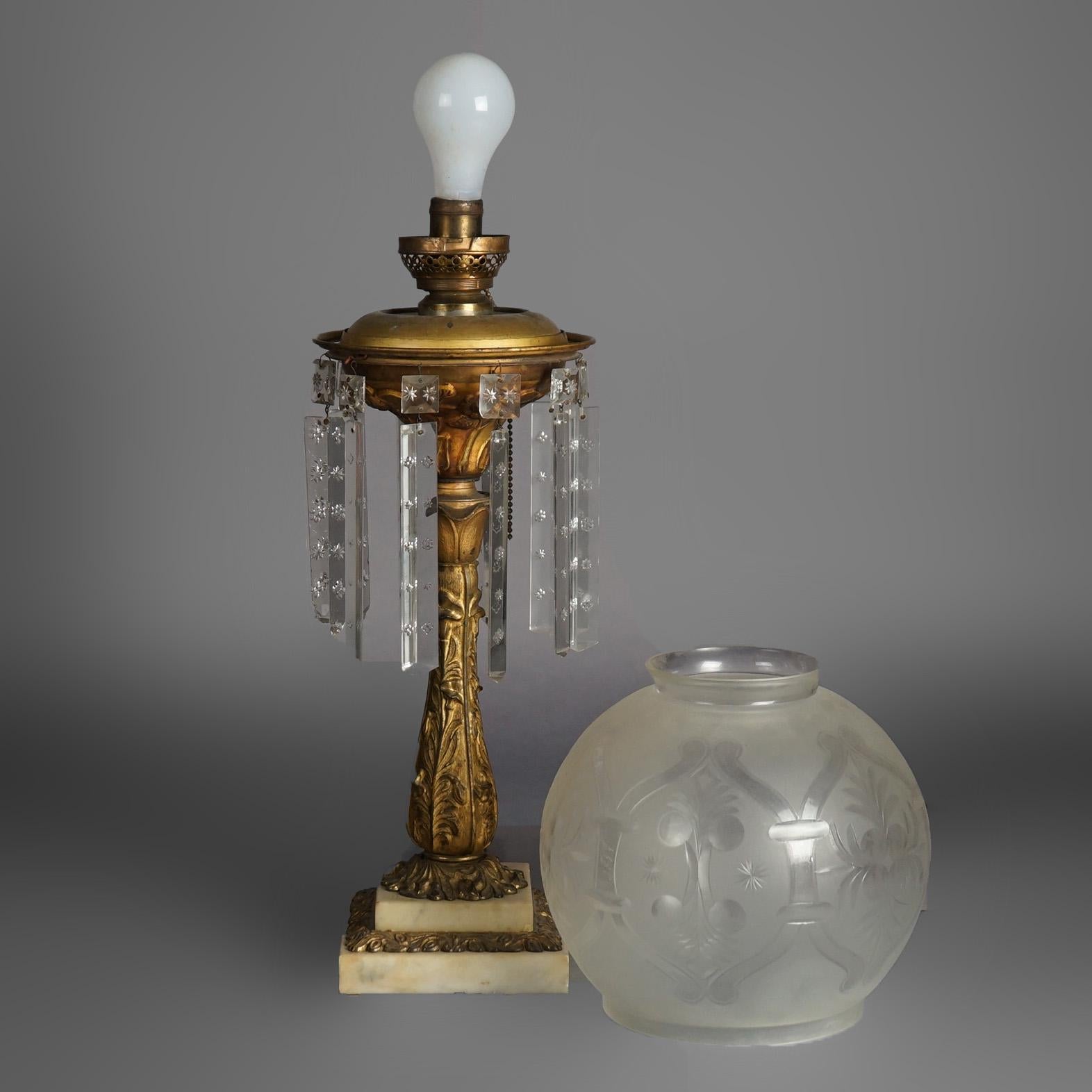 Antique Argand Sinumbra Bronze, Brass & Crystal Solar Lamp With Opalescent Shade 3