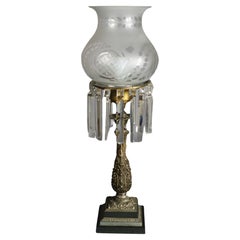 Antique Argand Sinumbra Bronze, Brass & Crystal Solar Lamp With Opalescent Shade