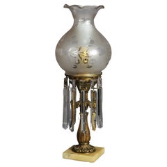 Antique Argand Sinumbra Bronze, Brass & Crystal Solar Lamp With Opalescent Shade