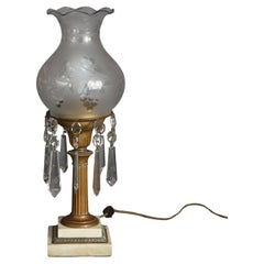 Antique Argand Sinumbra Bronze, Brass & Crystal Solar Lamp With Opalescent Shade